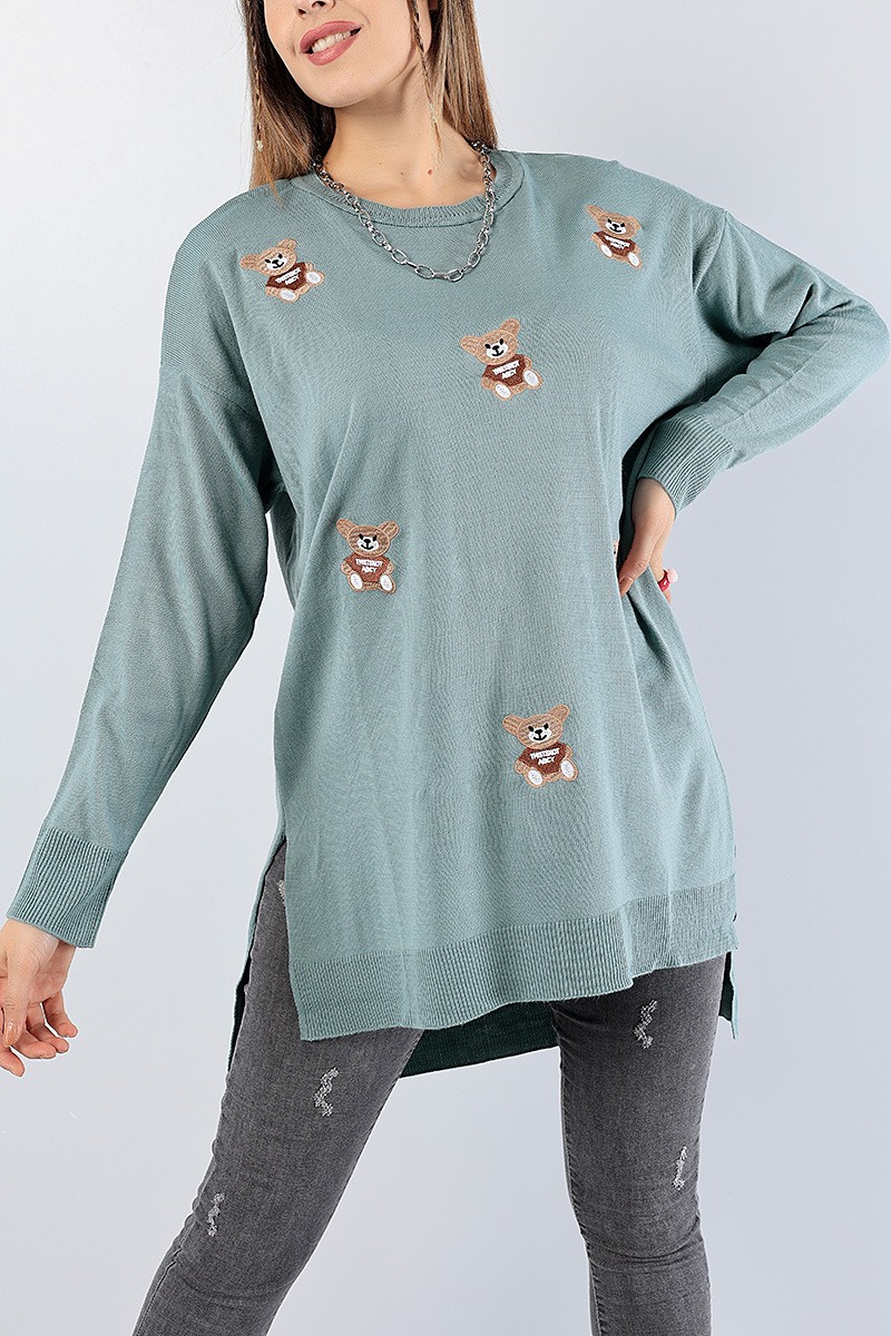 Yeşil Nakış İşlemeli Triko Kazak Tunik 78880