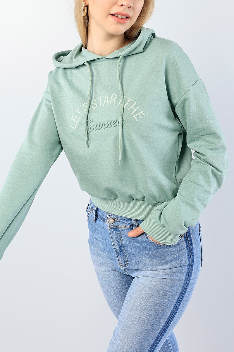 Yeşil Nakışlı Gofre Baskılı Bayan Sweat 76142