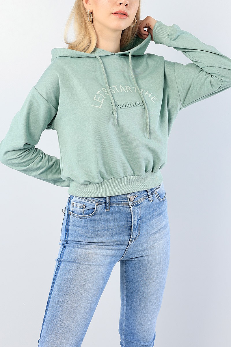 Yeşil Nakışlı Gofre Baskılı Bayan Sweat 76142