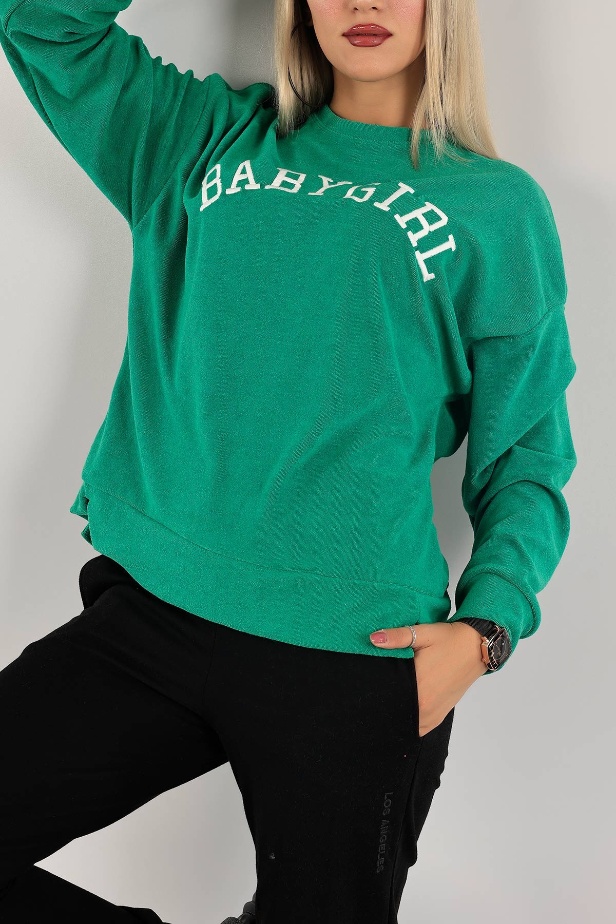 Yeşil Nakışlı Havlu Kumaş Sweat 132394