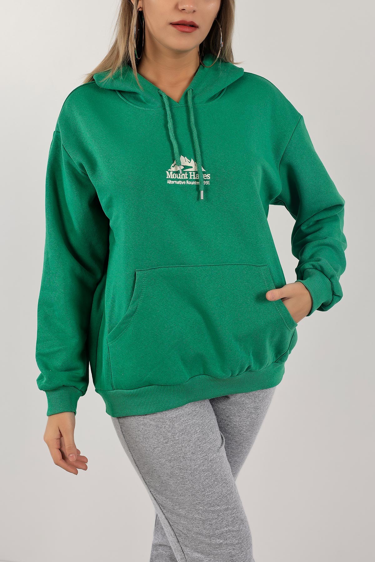 Yeşil Nakışlı İçi Şardonlu Bayan Sweat 132569