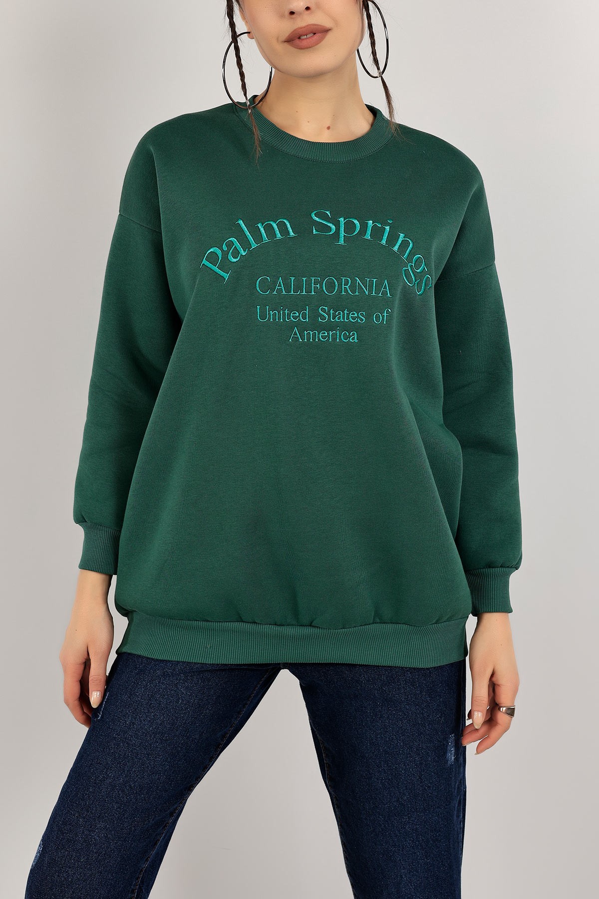 Yeşil Nakışlı İçi Şardonlu Bayan Sweat 142969