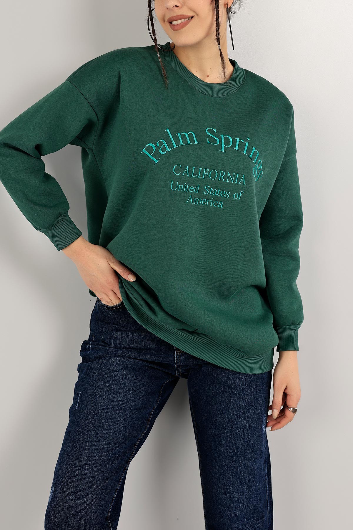 Yeşil Nakışlı İçi Şardonlu Bayan Sweat 142969