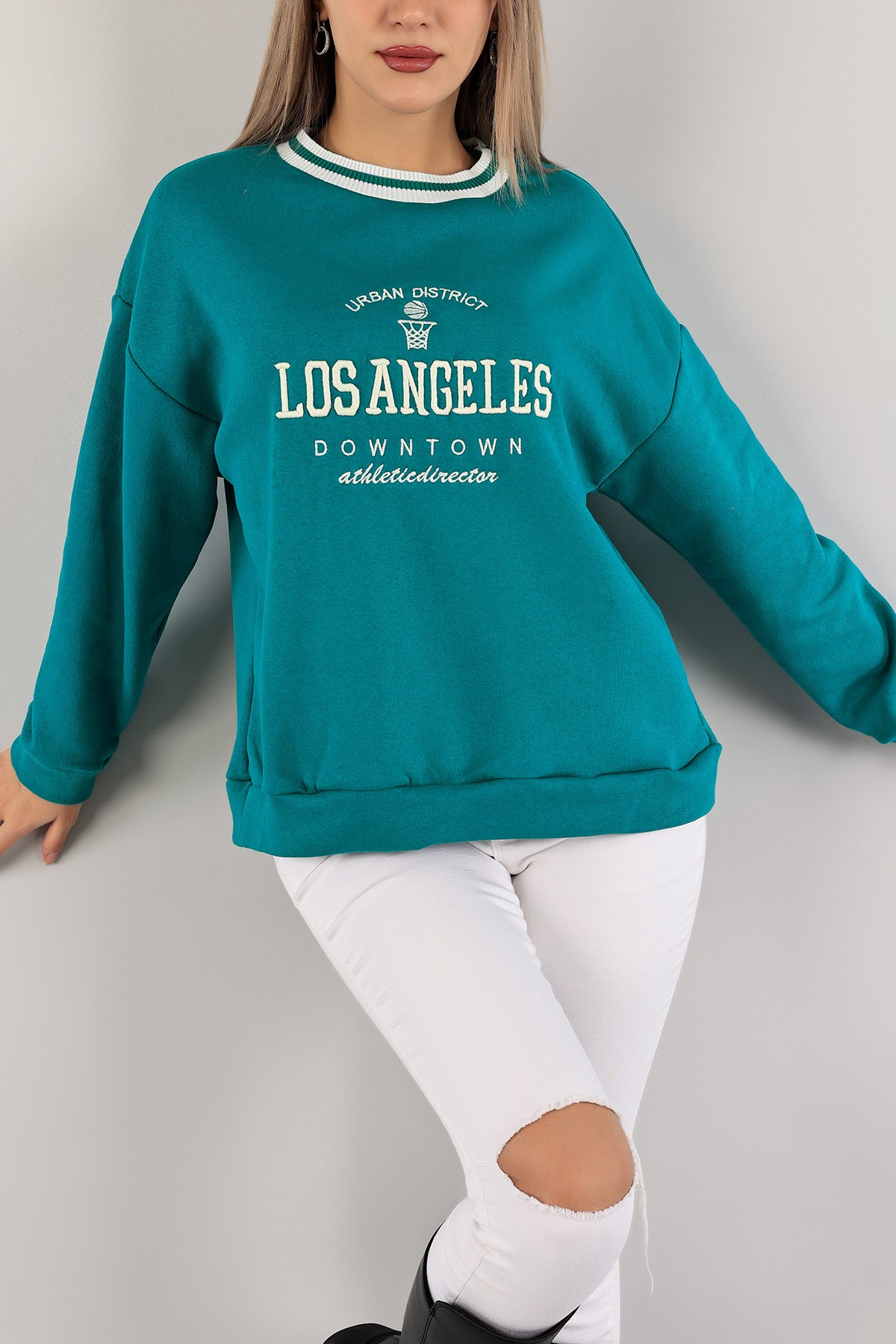 Yeşil Nakışlı Şardonlu Bayan Sweat 136928