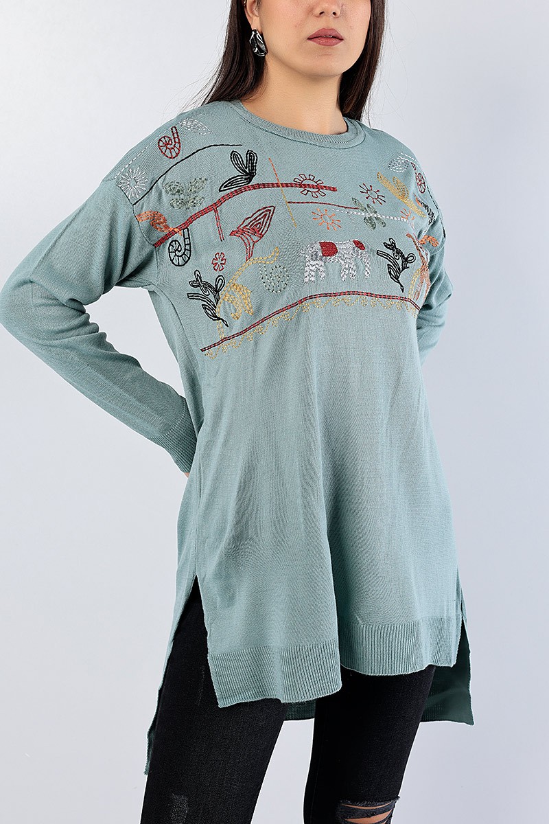 Yeşil Nakışlı Triko Kazak Tunik 78870