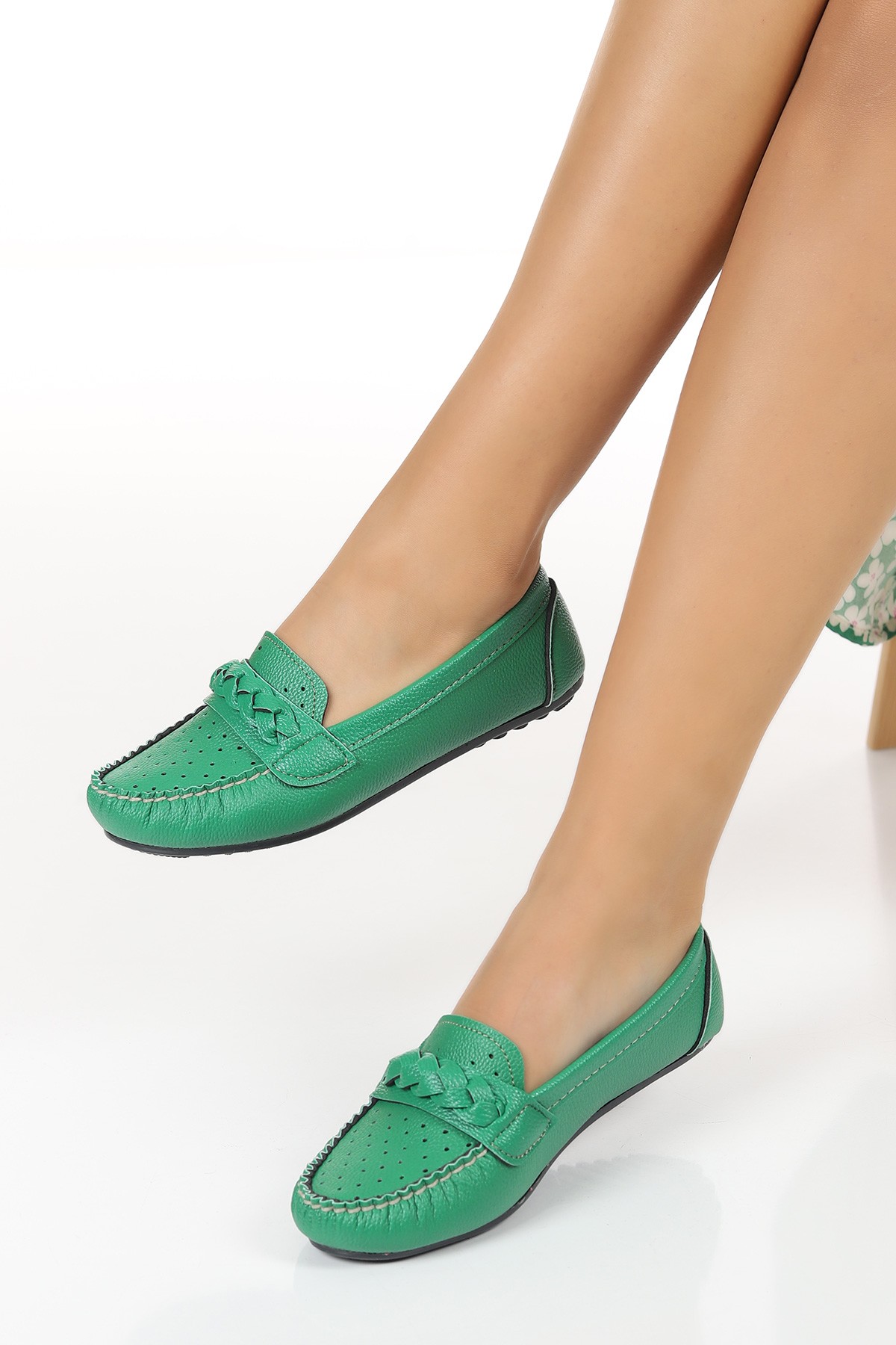 Yeşil Örgü Kemer Kadın Babet Ayakkabı 120625