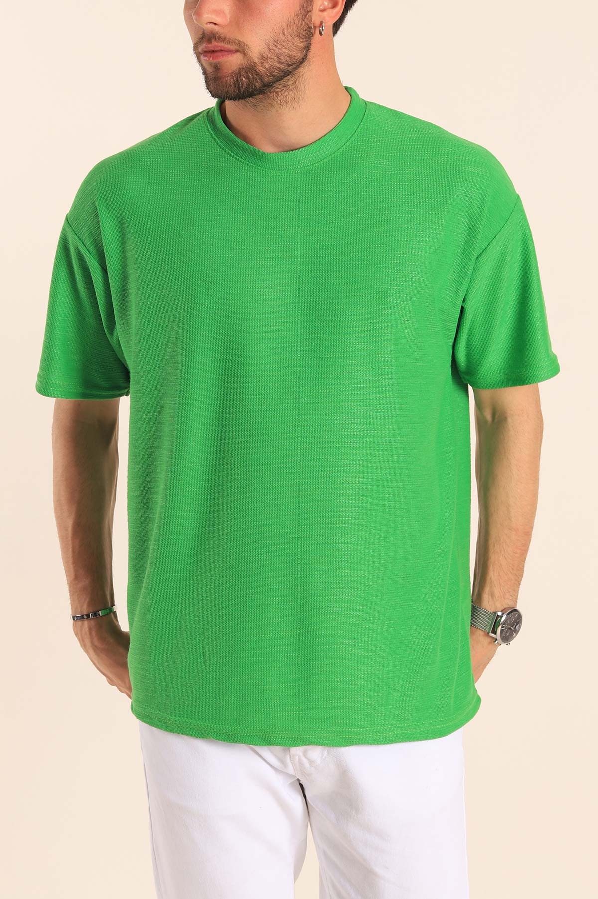 Yeşil Oversize Dokulu Bisiklet Yaka Erkek Tişört 181432