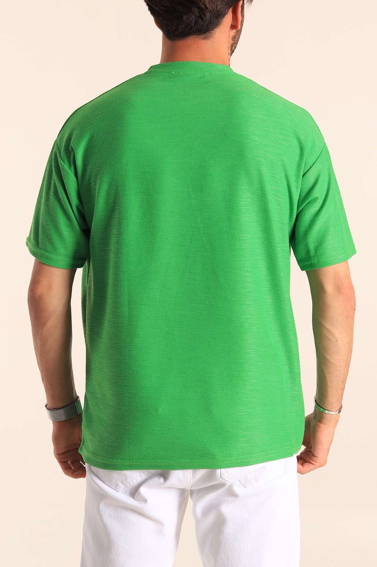 Yeşil Oversize Dokulu Bisiklet Yaka Erkek Tişört 181432