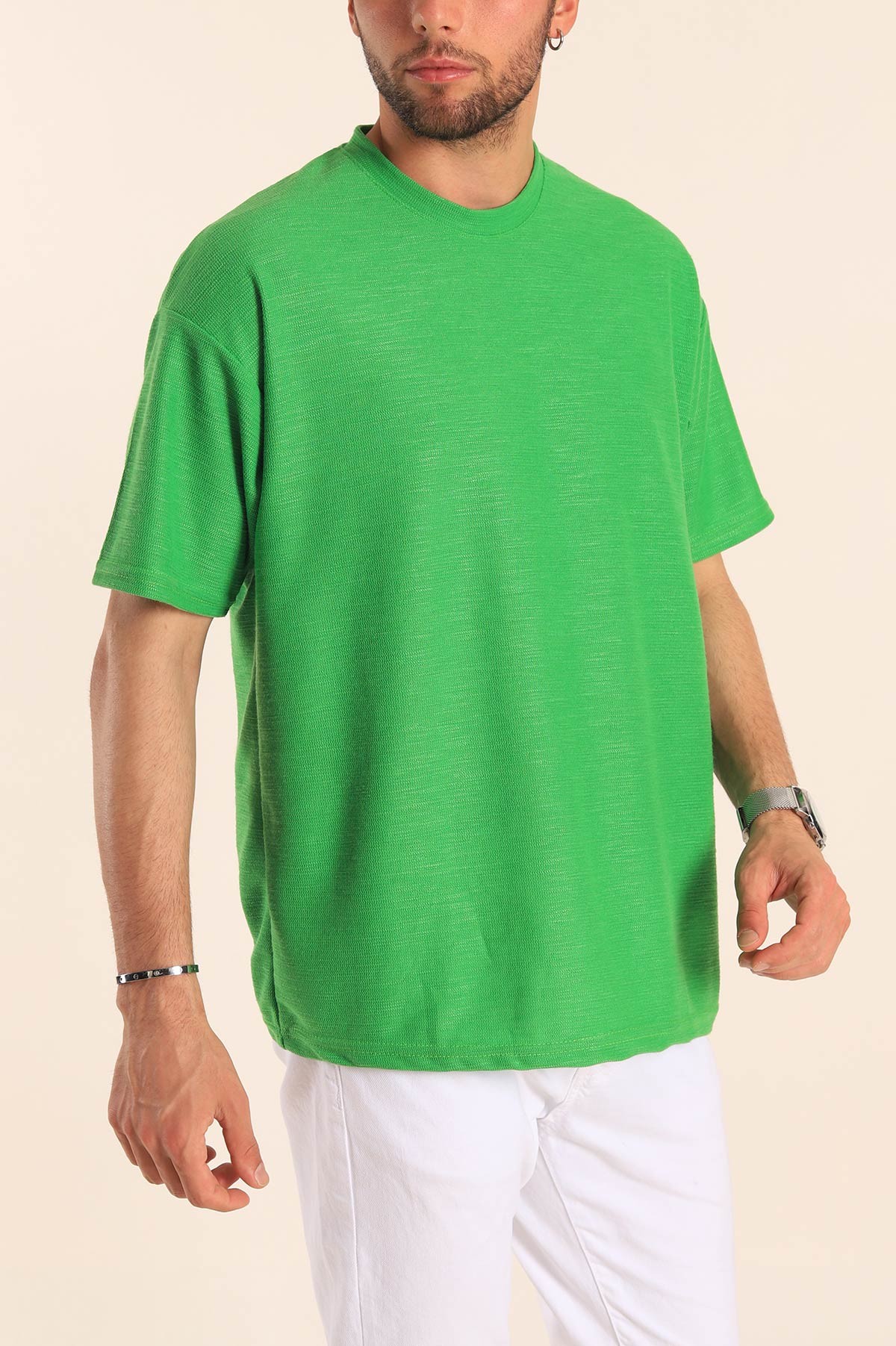 Yeşil Oversize Dokulu Bisiklet Yaka Erkek Tişört 181432