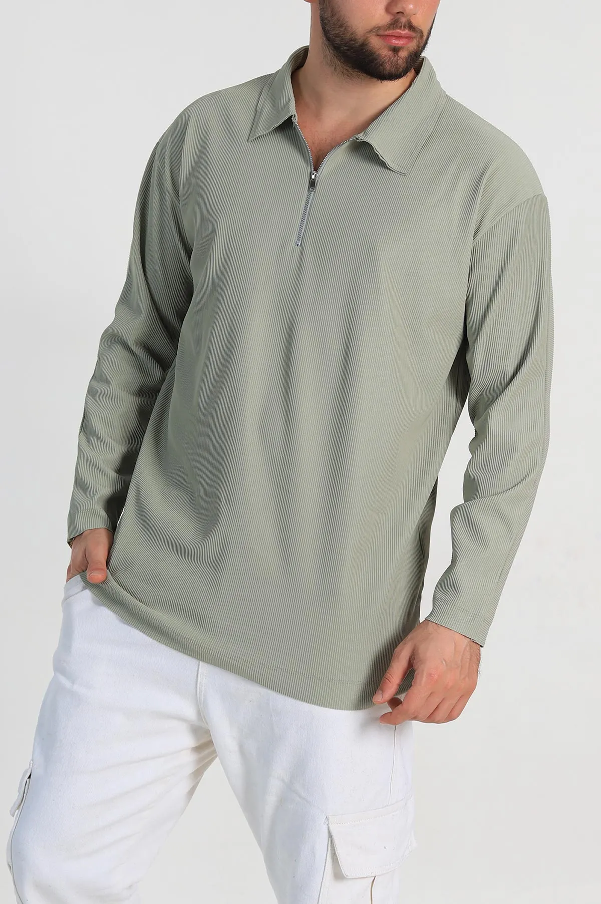 Yeşil Oversize Fitilli Doku Fermuarlı Polo Yaka Sweatshirt 324397
