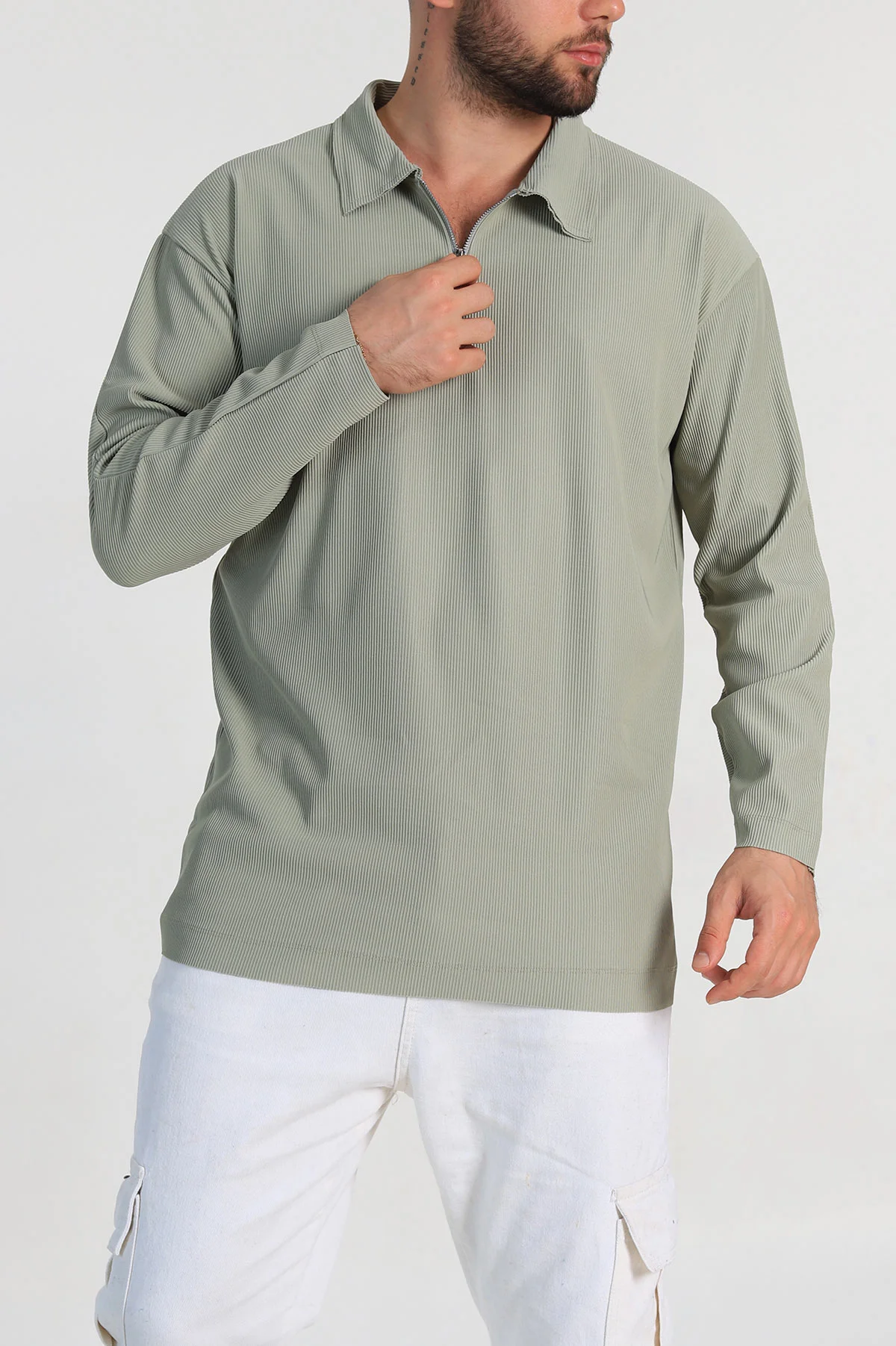 Yeşil Oversize Fitilli Doku Fermuarlı Polo Yaka Sweatshirt 324397