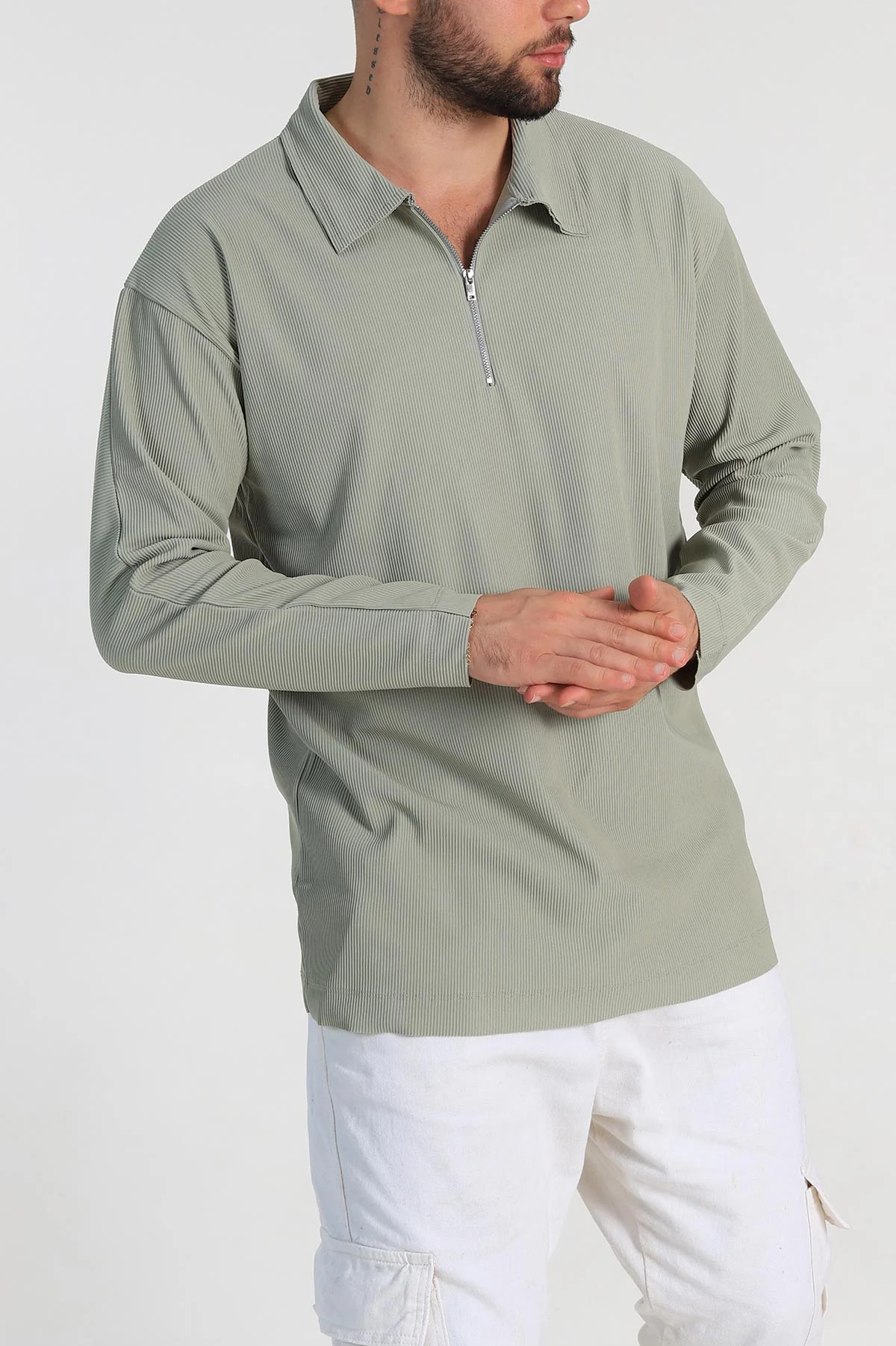 Yeşil Oversize Fitilli Doku Fermuarlı Polo Yaka Sweatshirt 324397