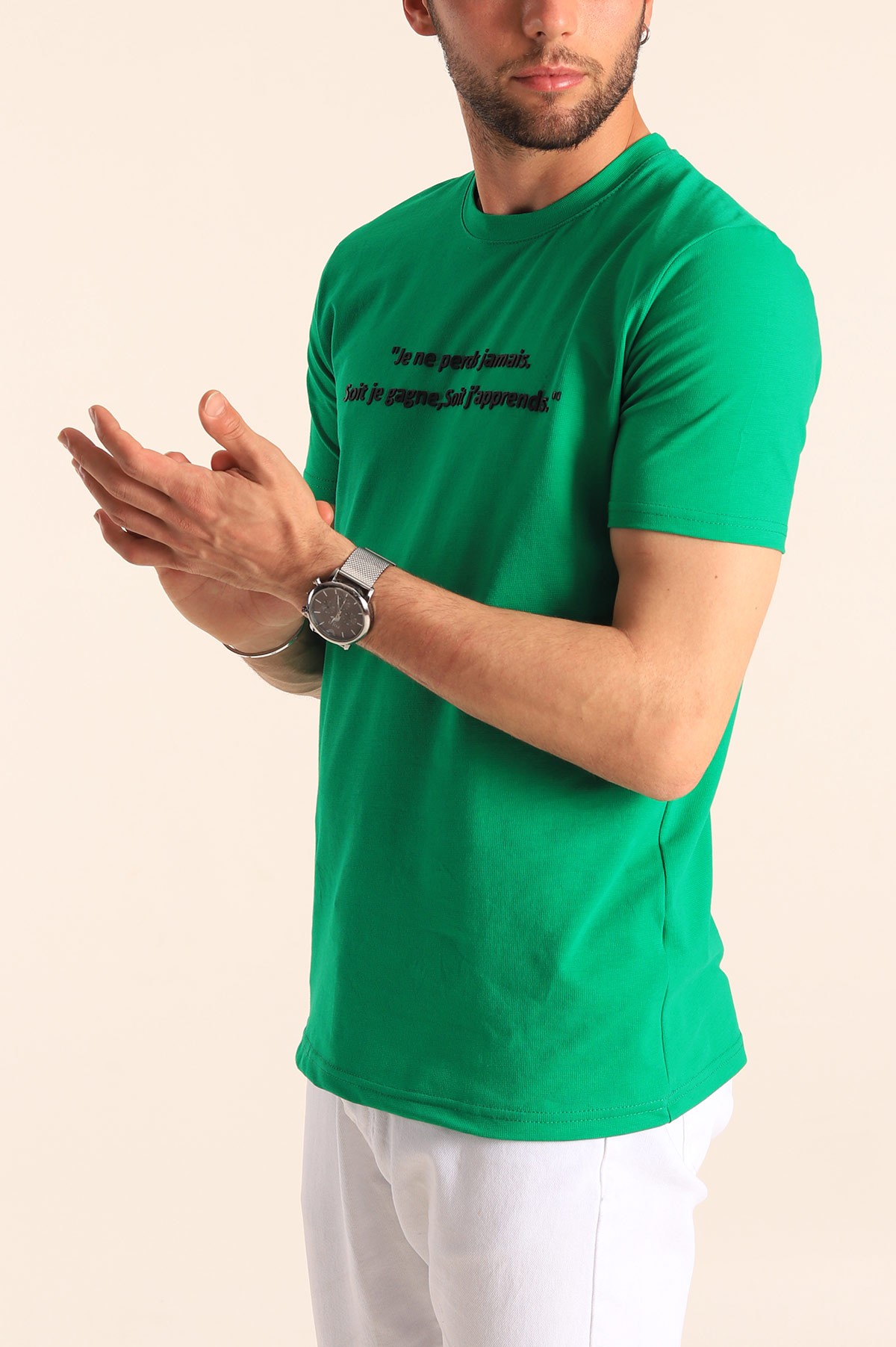Yeşil Oversize Göğüs Kabartma Yazılı Erkek Tişört 181422