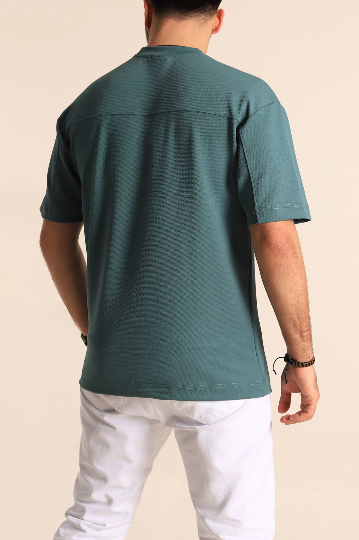 Yeşil Oversize Jakarlı Basic Erkek Tişört 249457