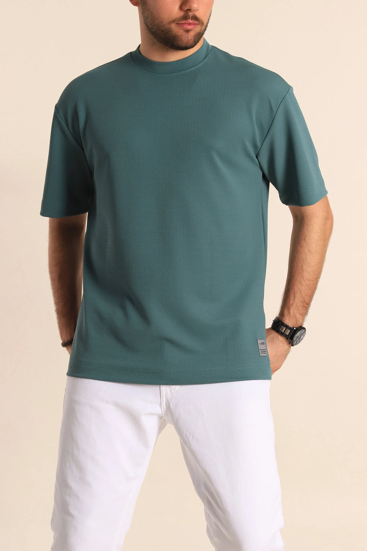 Yeşil Oversize Jakarlı Basic Erkek Tişört 249457
