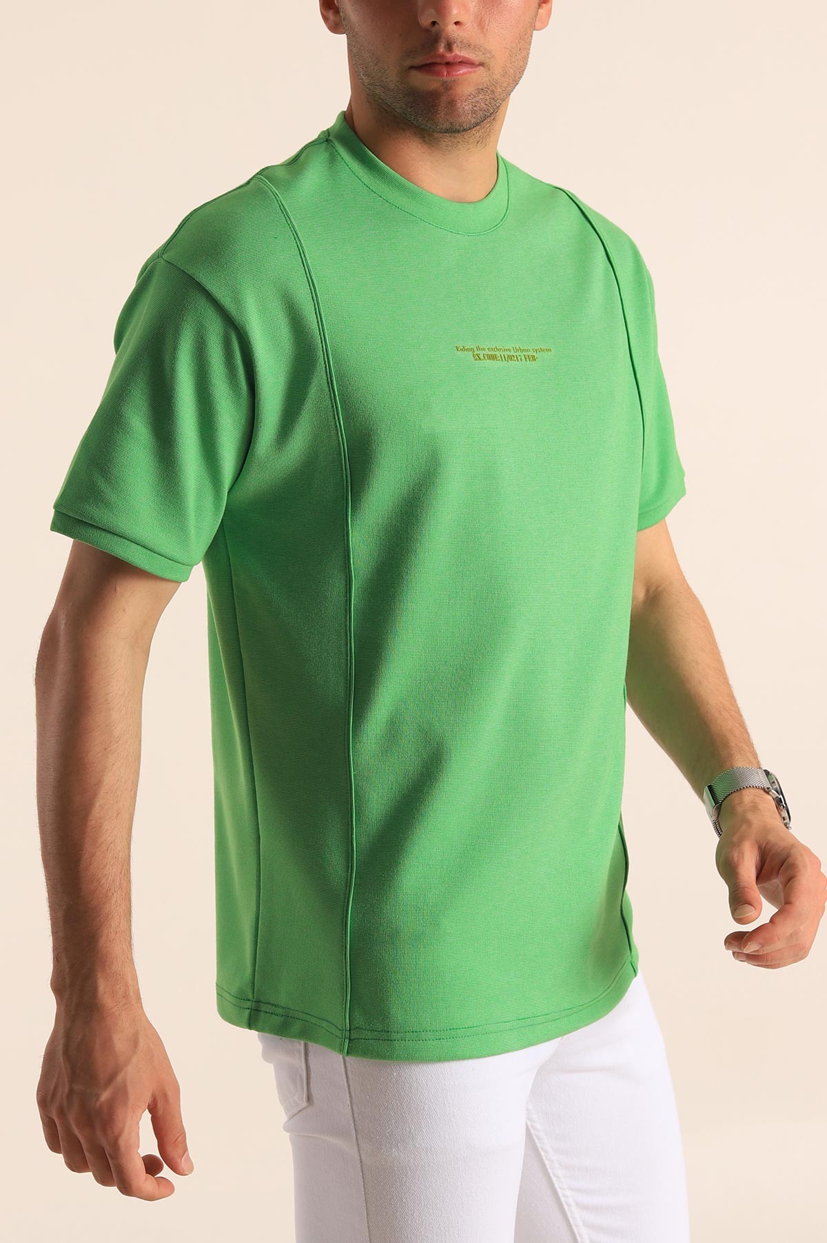 Yeşil Oversize Kabartma Yazılı Dikişli Erkek Tişört 181820
