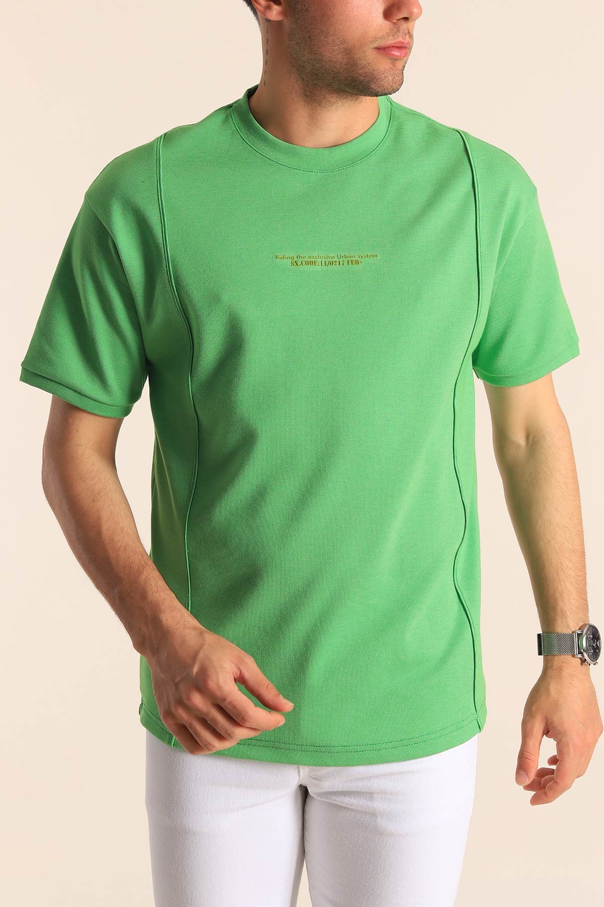 Yeşil Oversize Kabartma Yazılı Dikişli Erkek Tişört 181820
