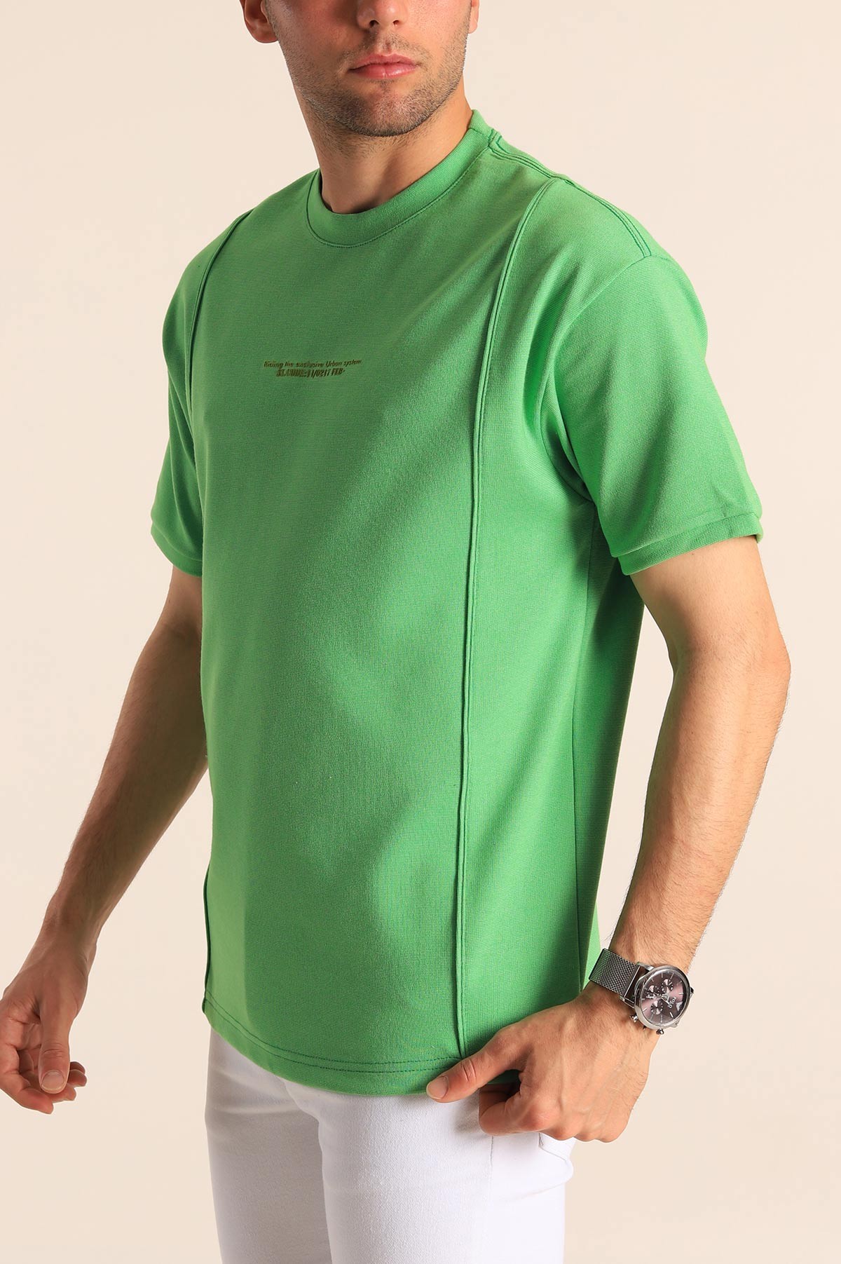 Yeşil Oversize Kabartma Yazılı Dikişli Erkek Tişört 181820