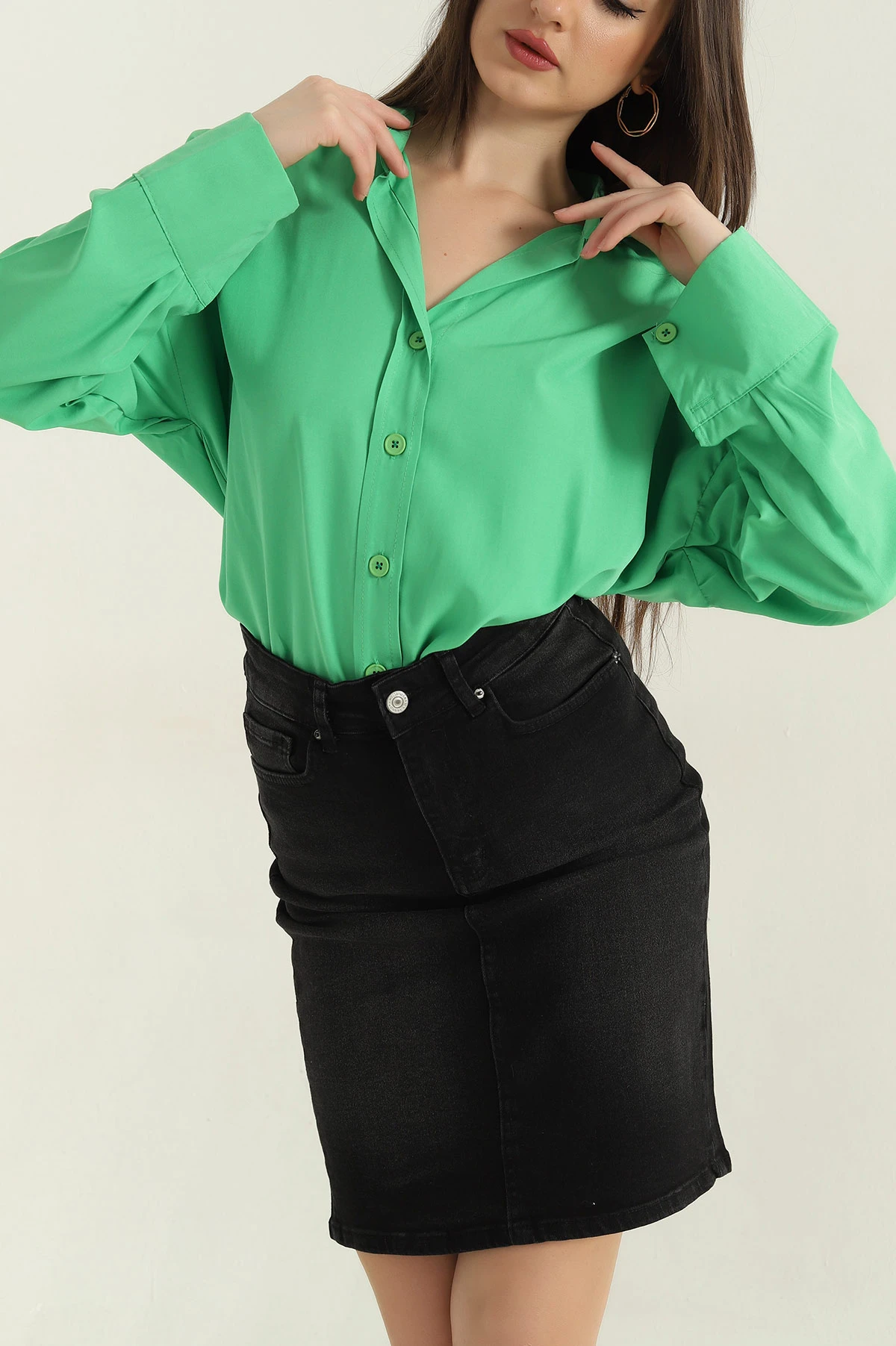 Yeşil Oversize Kadın Poplin Gömlek 360082