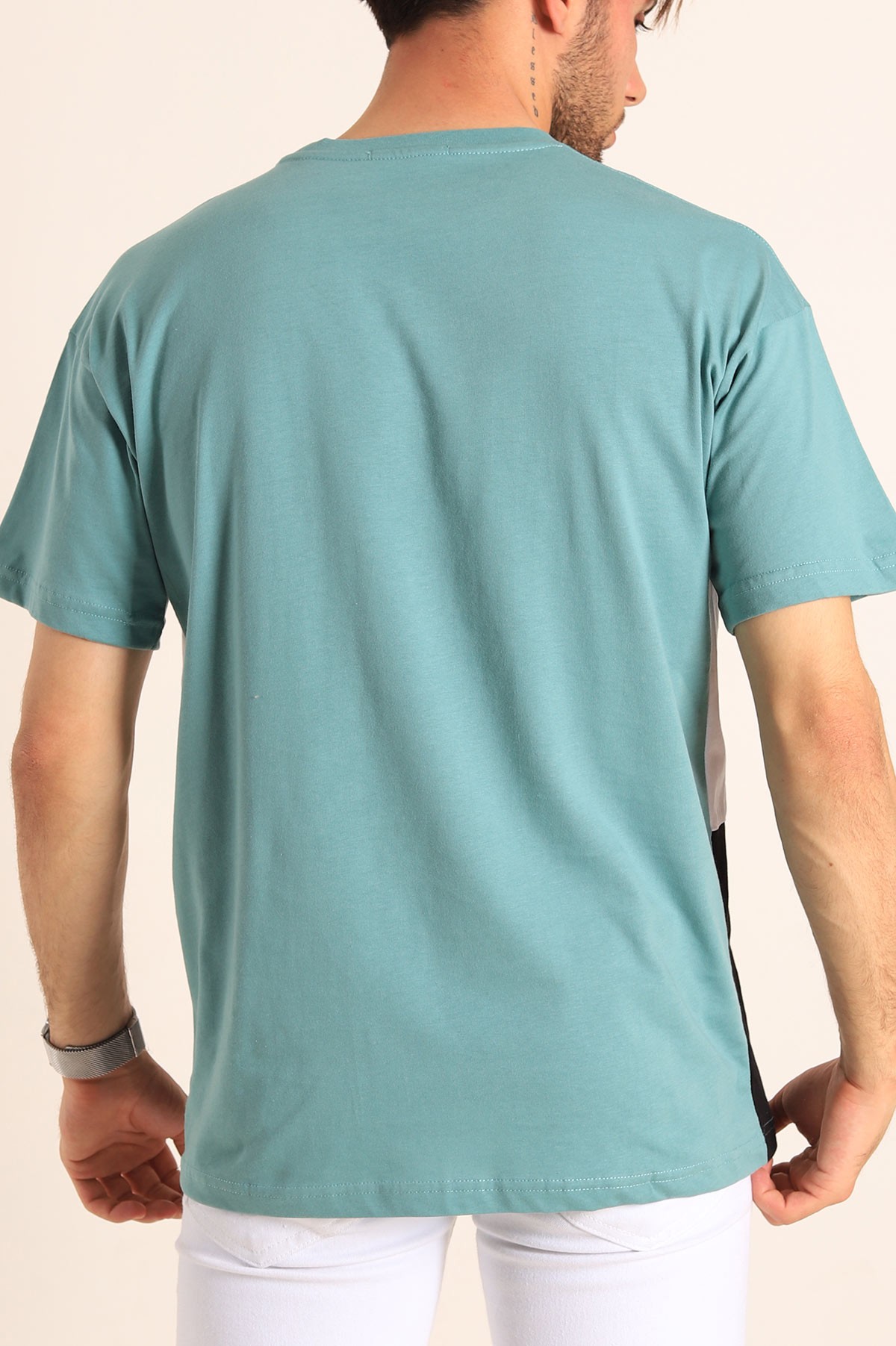Yeşil Oversize Parçalı Yazı Detay Erkek Tişört 186706