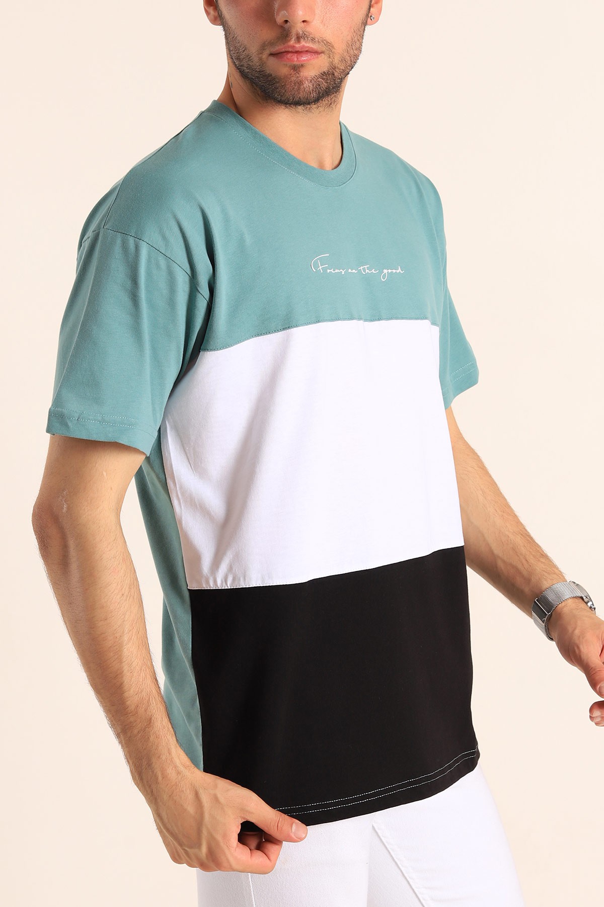 Yeşil Oversize Parçalı Yazı Detay Erkek Tişört 186706