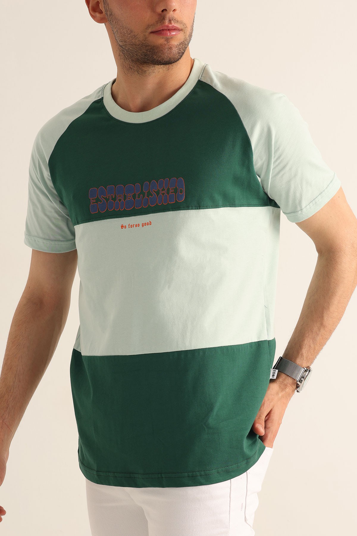 Yeşil Oversize Reglan Kol Yazı Detay Erkek Tişört 182281
