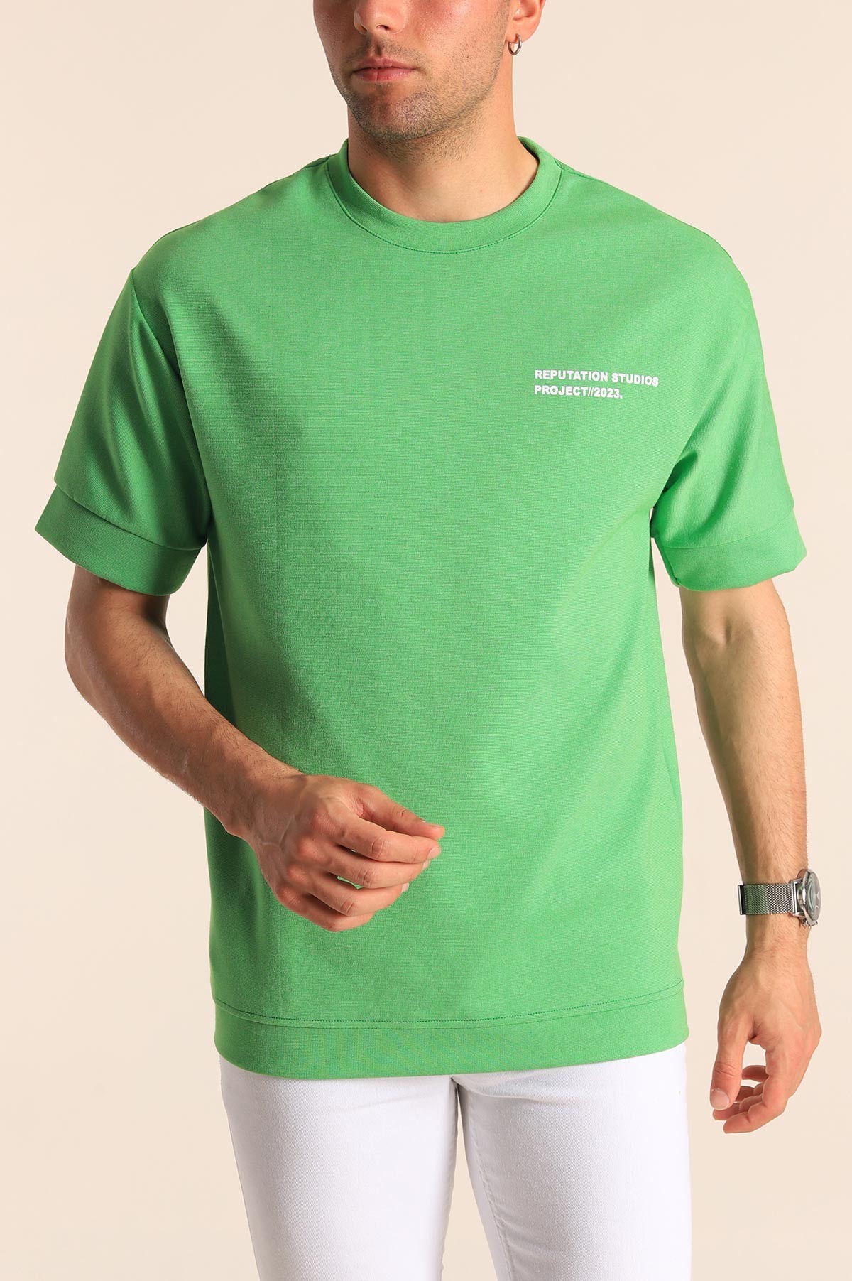 Yeşil Oversize Sırt Baskılı Erkek Tişört 181796