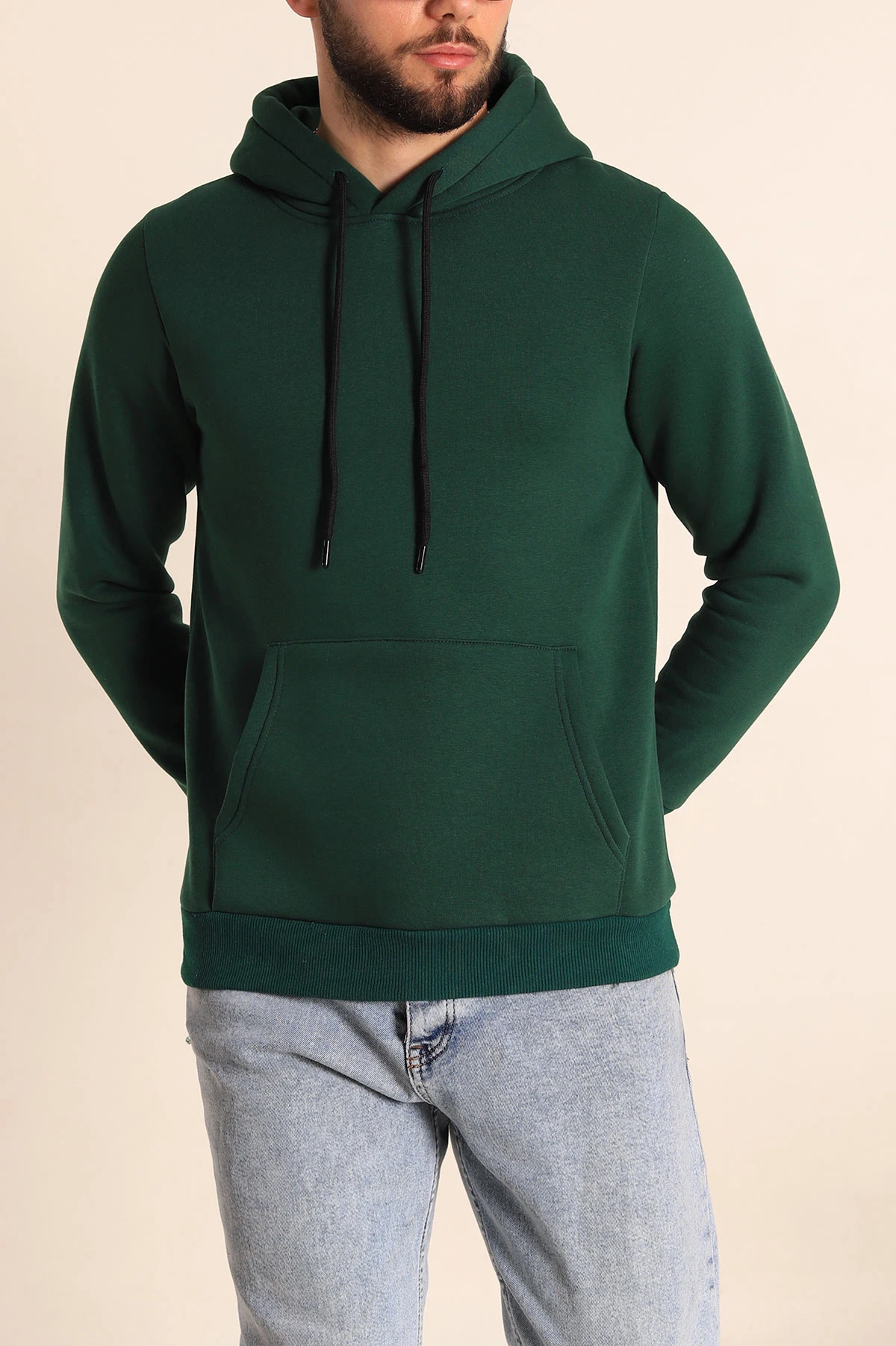 Yeşil Oversize Üç İp Şardonlu Basic Kapüşonlu Erkek Sweatshirt 226973
