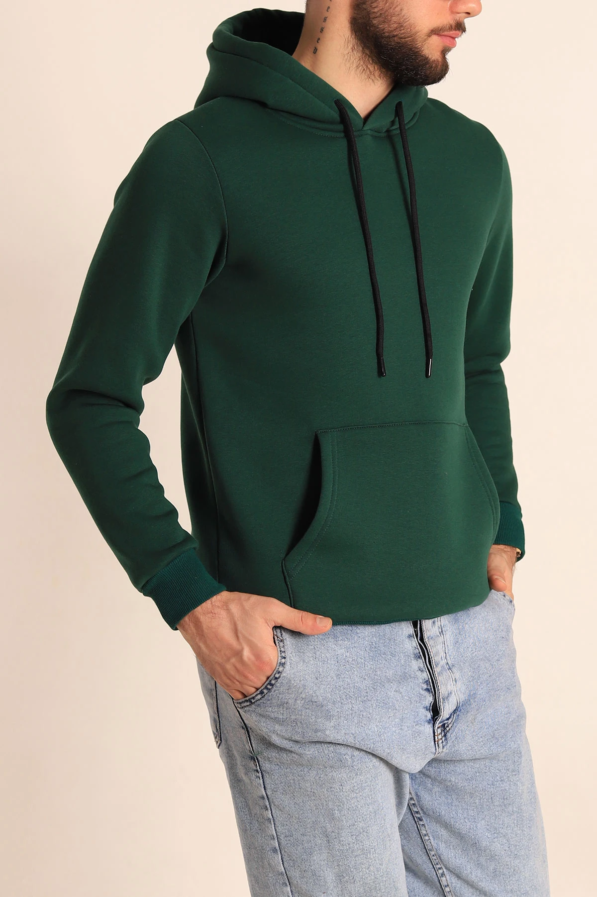 Yeşil Oversize Üç İp Şardonlu Basic Kapüşonlu Erkek Sweatshirt 226973