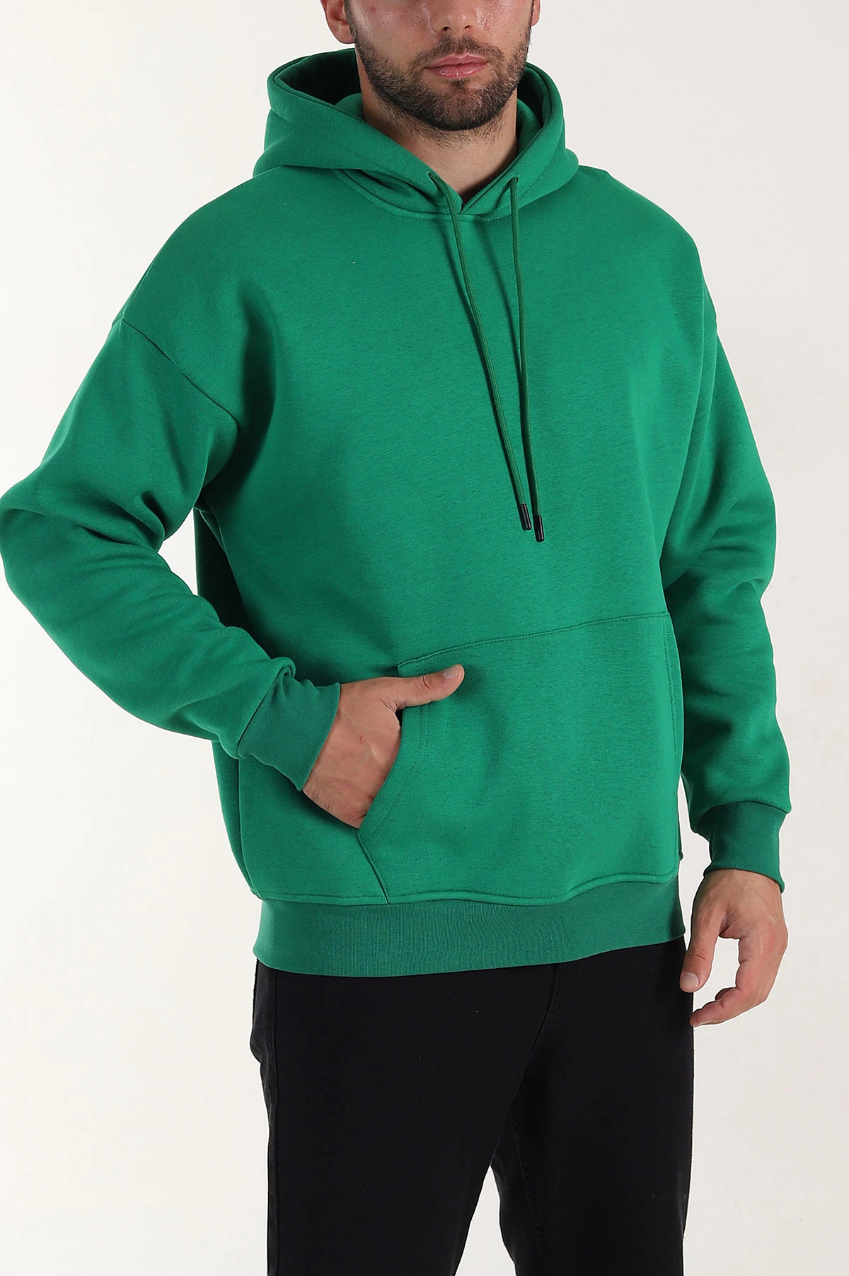 Yeşil Oversize Üç İp Şardonlu Erkek Basic Kapüşonlu Sweatshirt 398906