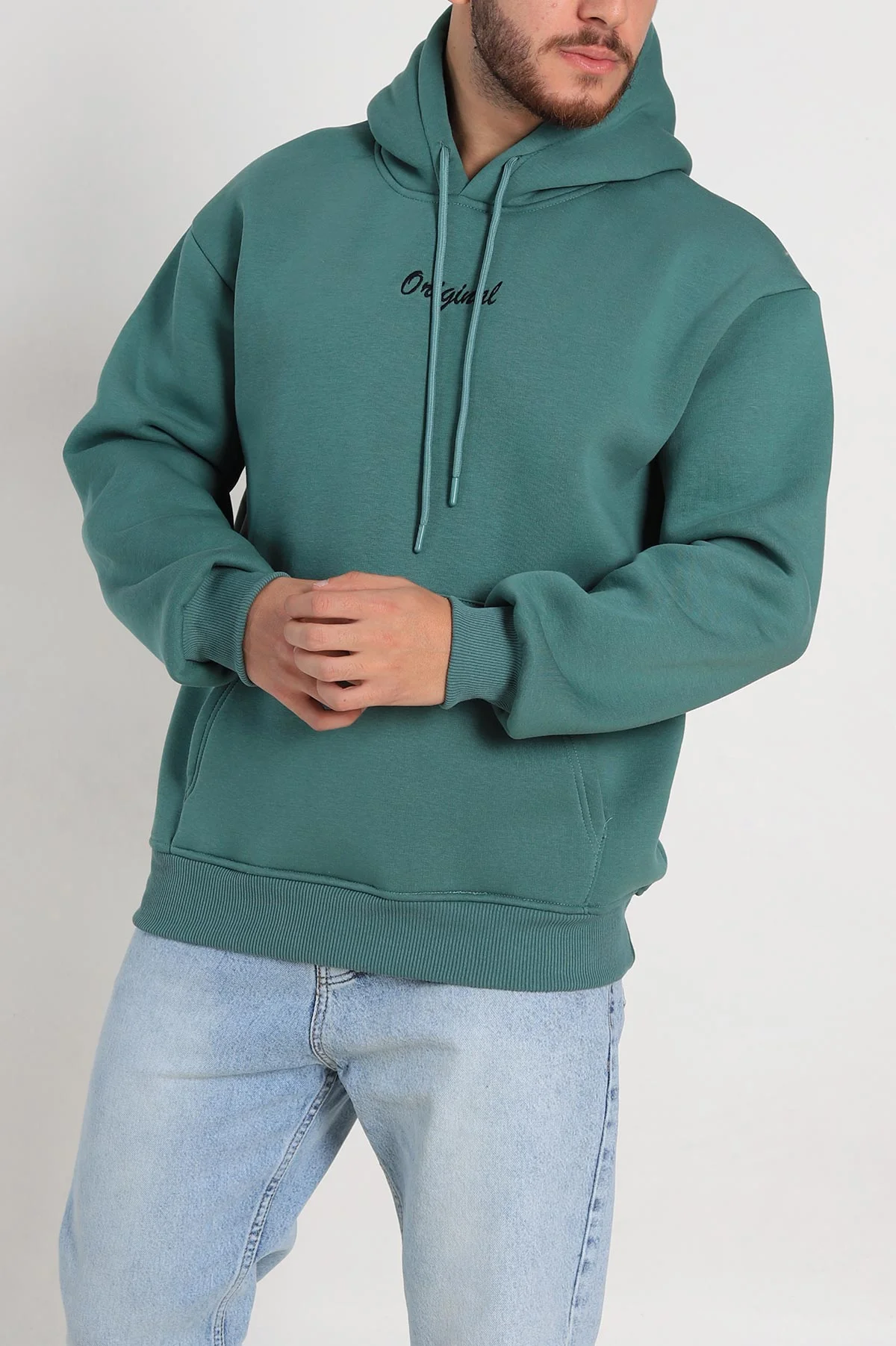 Yeşil Oversize Üç İp Şardonlu Yazı Detaylı Kapüşonlu Erkek Sweatshirt 310964