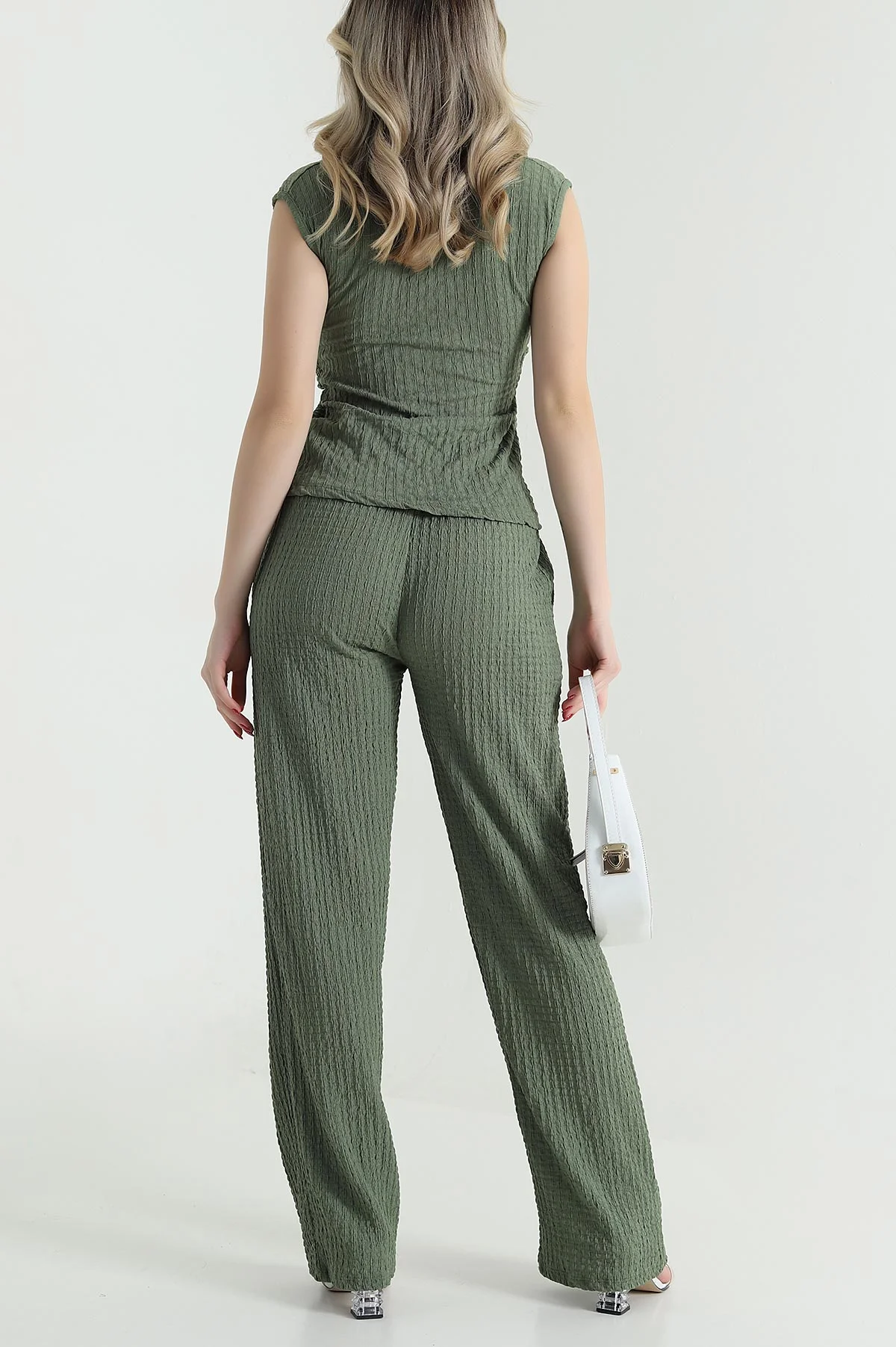 Yeşil Pantolon Bluz Gofre Kadın İkili Takım 469455