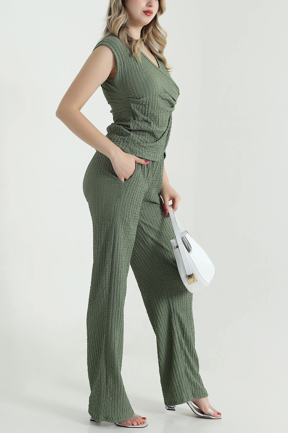Yeşil Pantolon Bluz Gofre Kadın İkili Takım 469455
