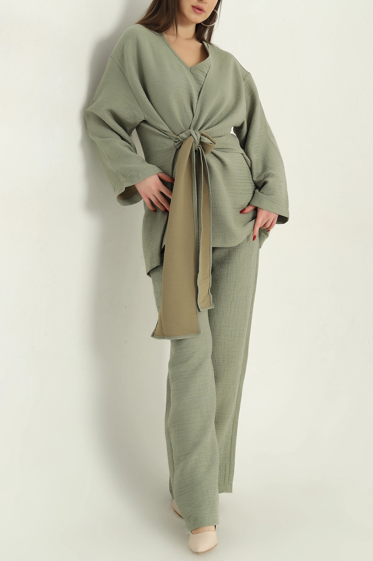 Yeşil Pantolon Kimono Keten Bayan İkili Takım 335072