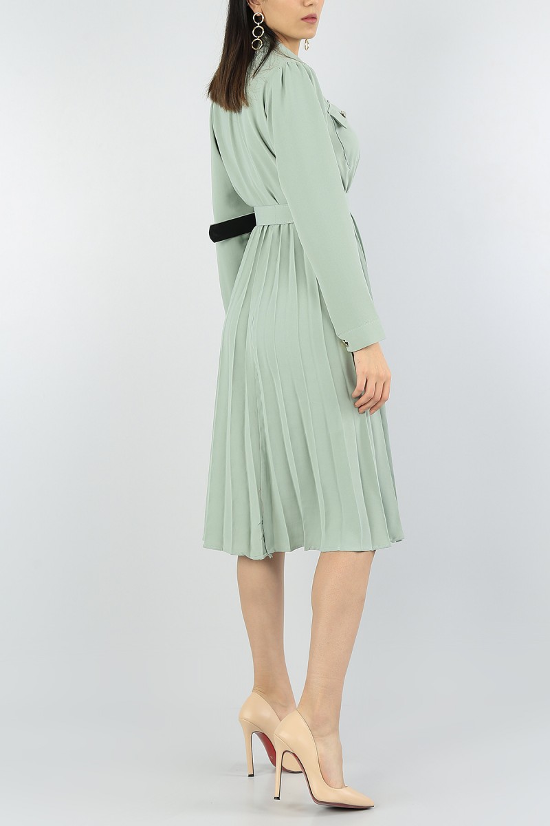 Yeşil Piliseli Tasarım Kemerli Elbise 56589