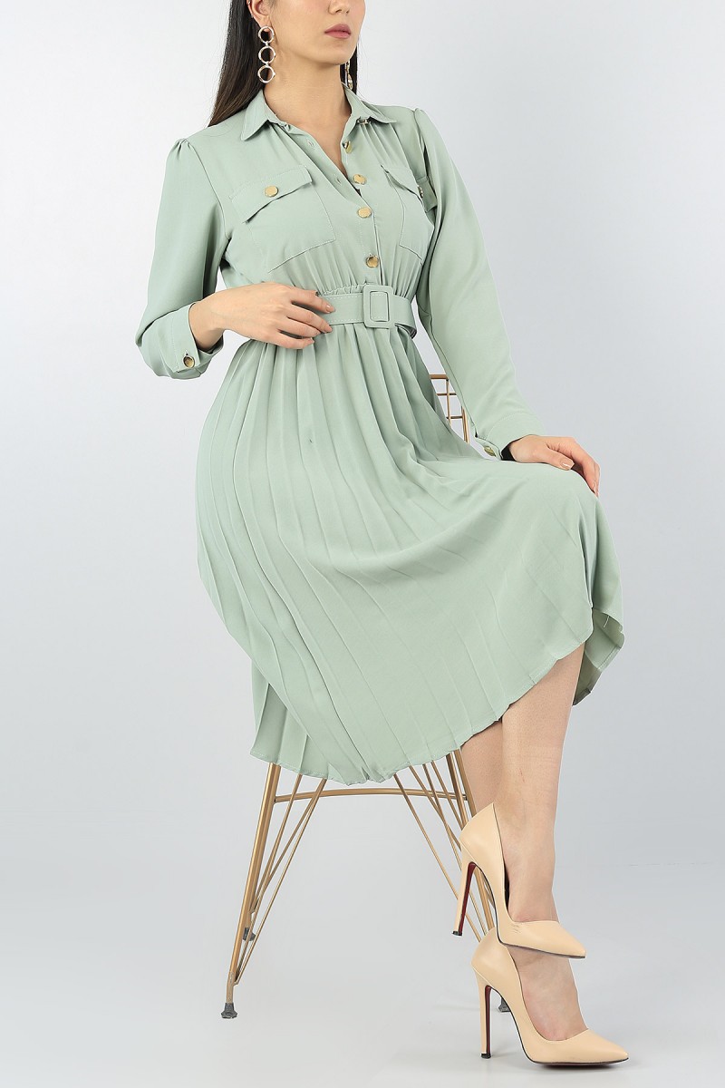 Yeşil Piliseli Tasarım Kemerli Elbise 56589