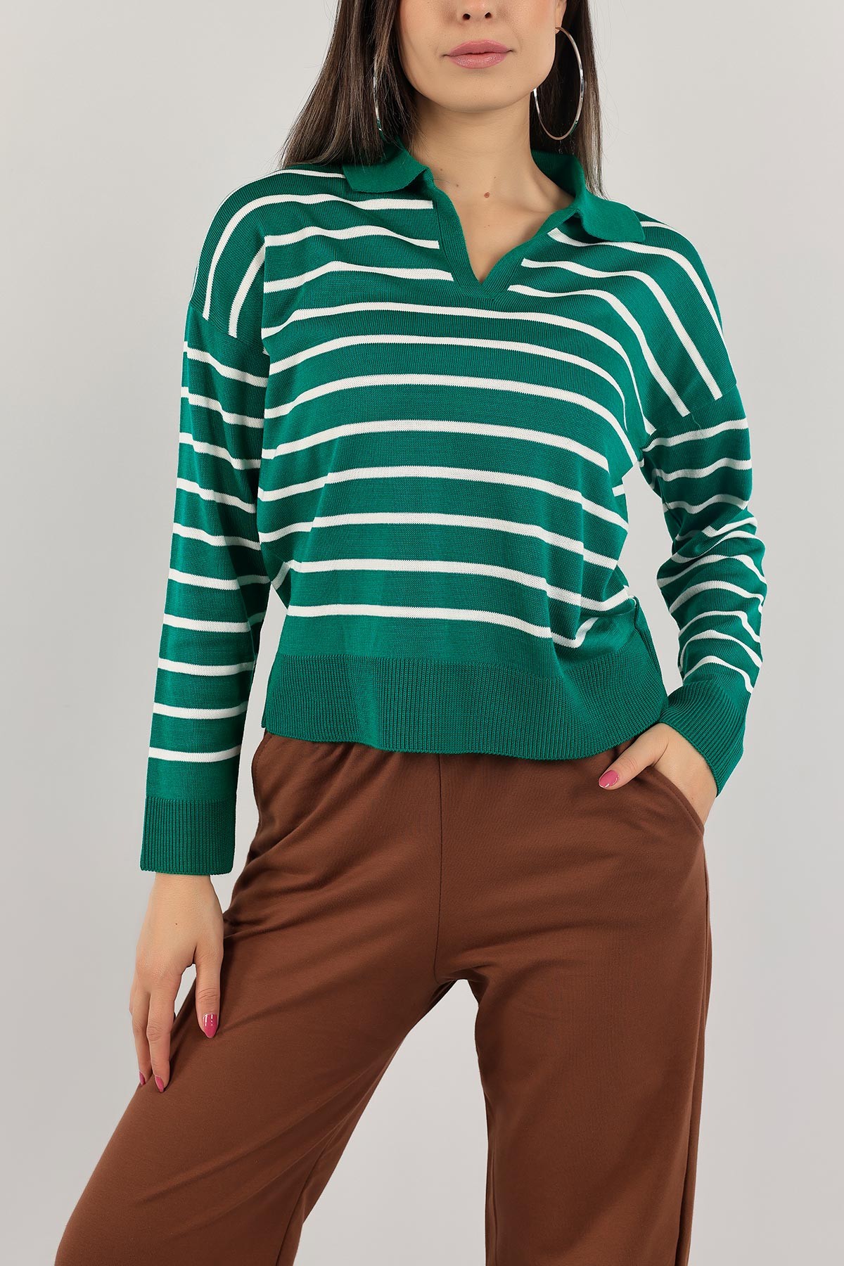 Yeşil Polo Yaka Bayan Triko Kazak 132360