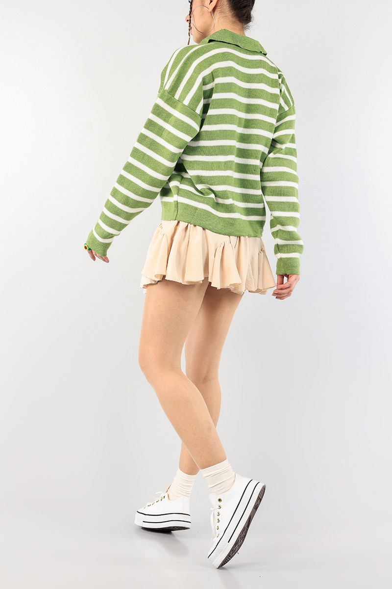 Yeşil Polo Yaka Bayan Triko Kazak 90571