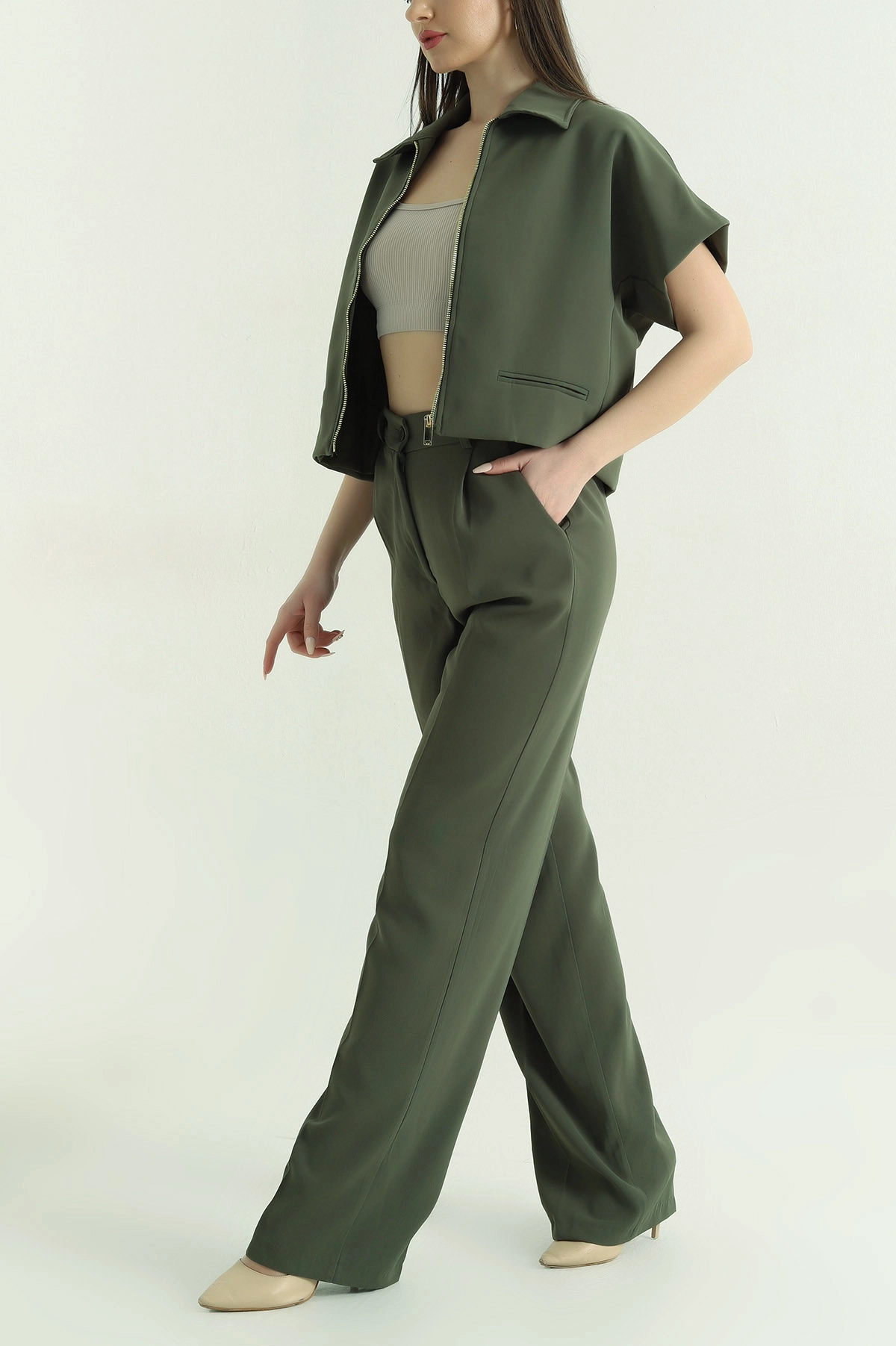 Yeşil Polo Yaka Bluz Pantolon İthal Kumaş Kadın İkili Takım 354386