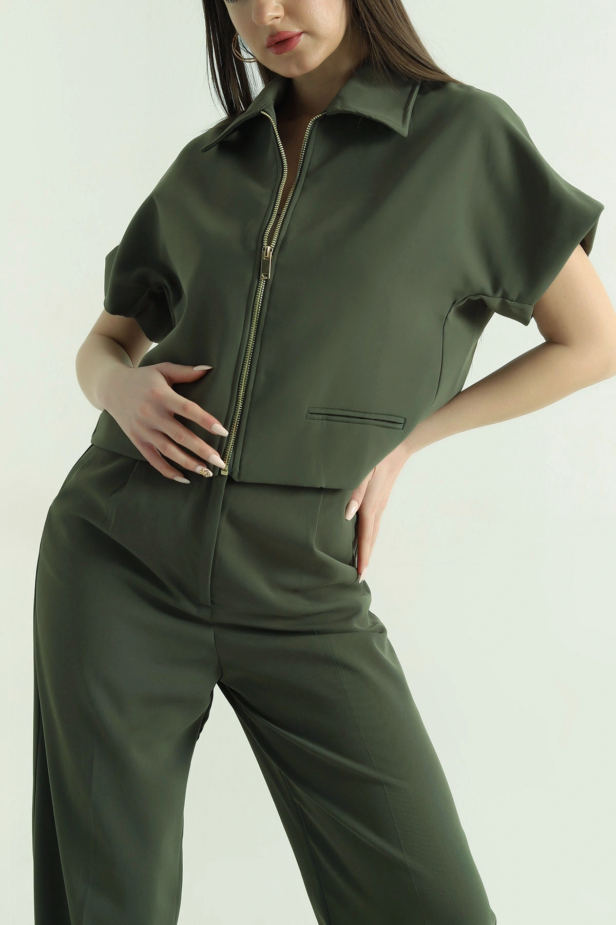 Yeşil Polo Yaka Bluz Pantolon İthal Kumaş Kadın İkili Takım 354386