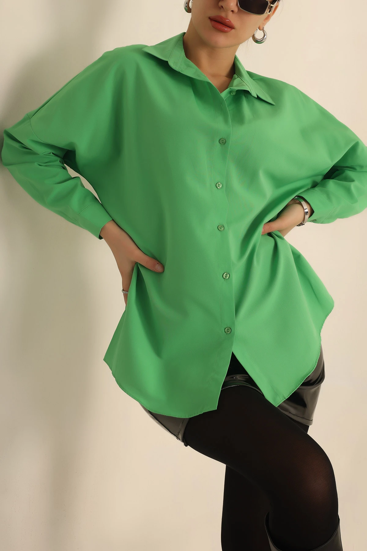 Yeşil Poplin Dokuma Bayan Gömlek 234847