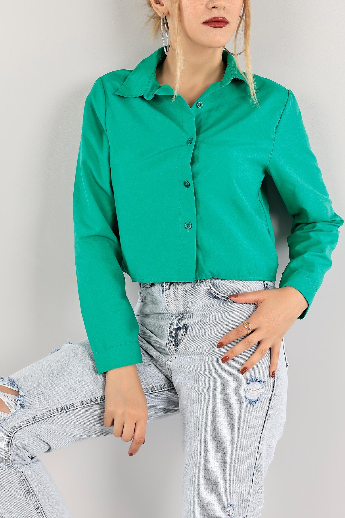 Yeşil Poplin Kumaş Crop Gömlek 118861