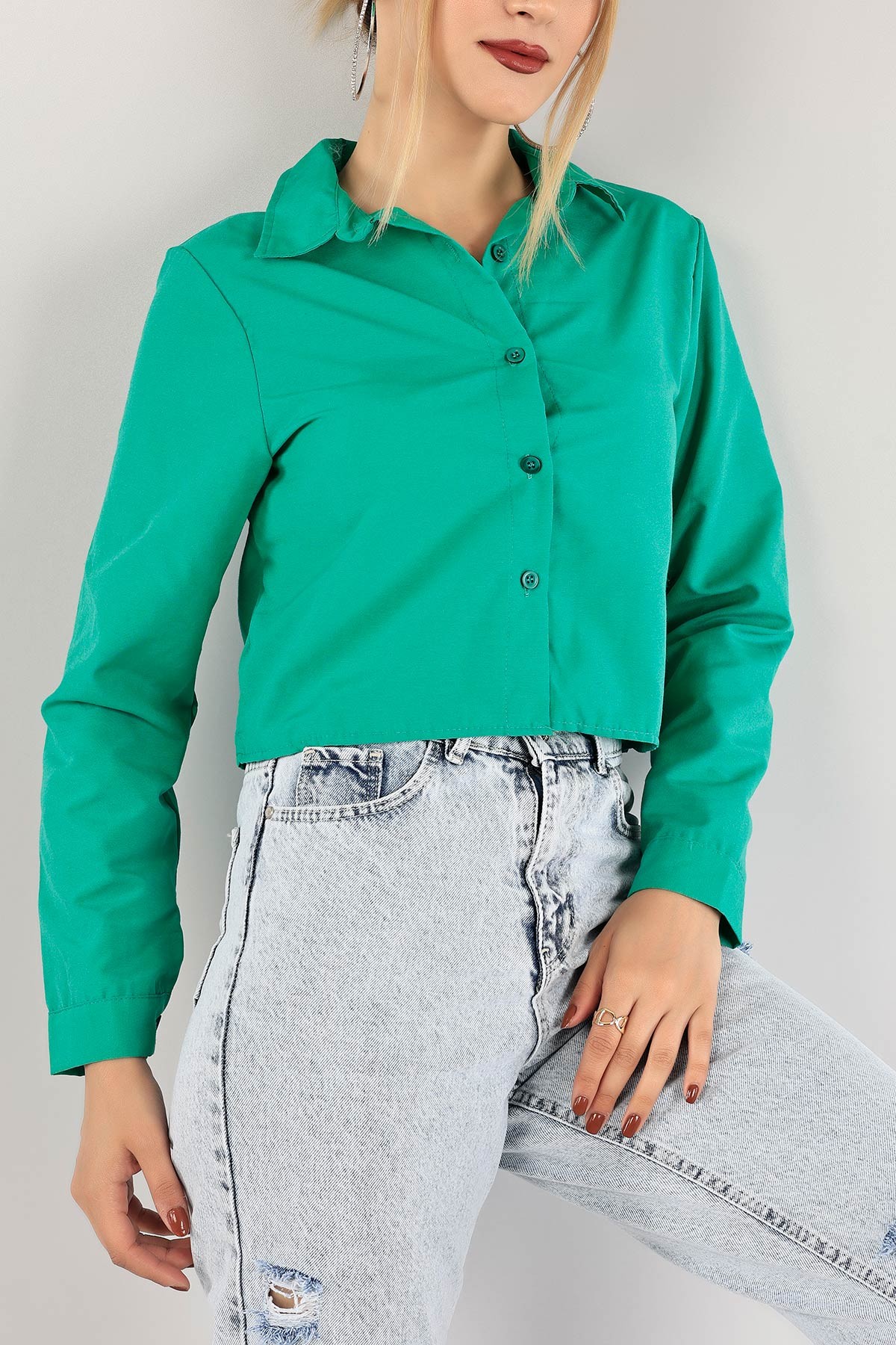 Yeşil Poplin Kumaş Crop Gömlek 118861