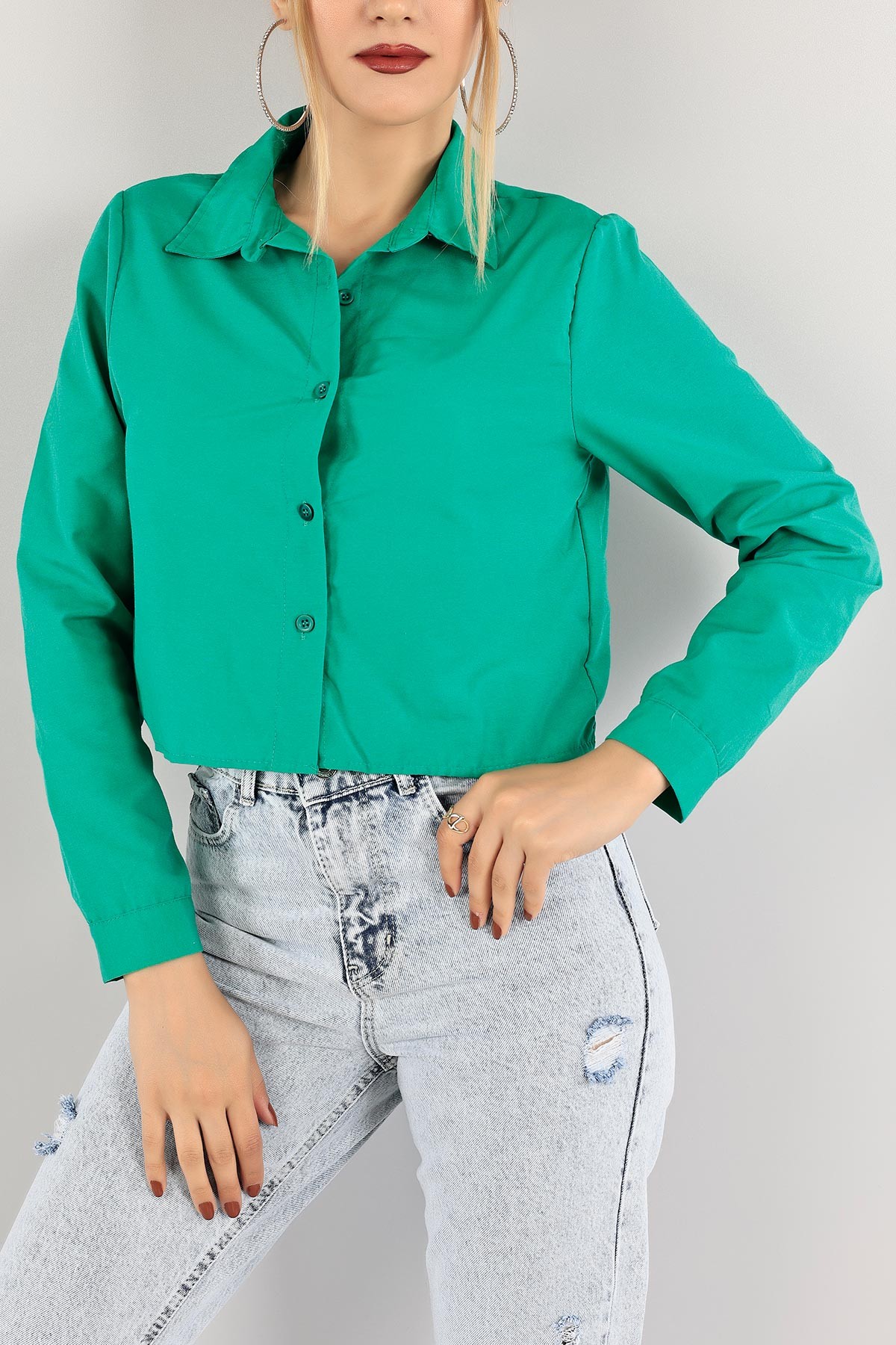 Yeşil Poplin Kumaş Crop Gömlek 118861