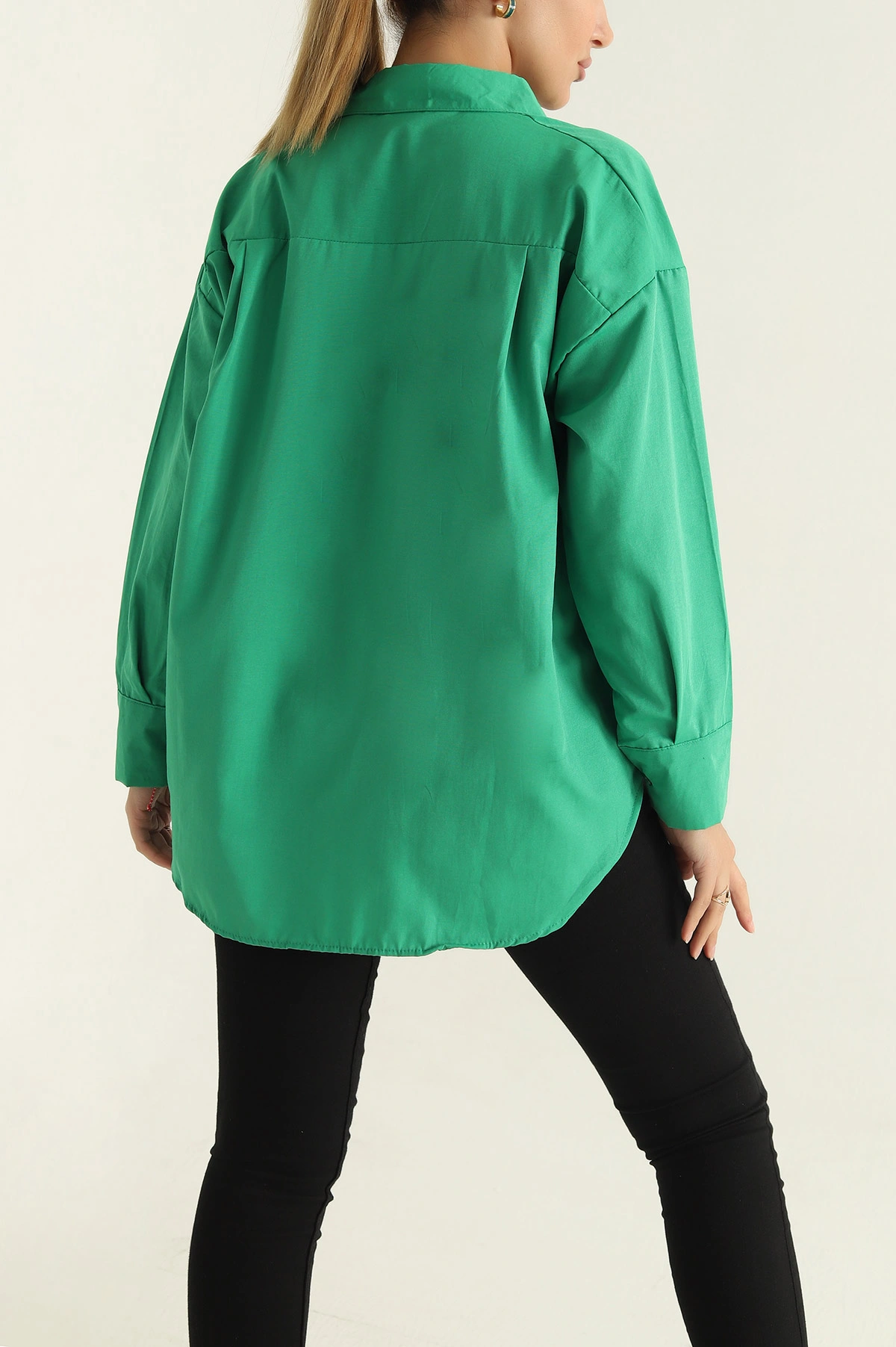 Yeşil Poplin Kumaş Gizli Pat Kadın Gömlek 304519
