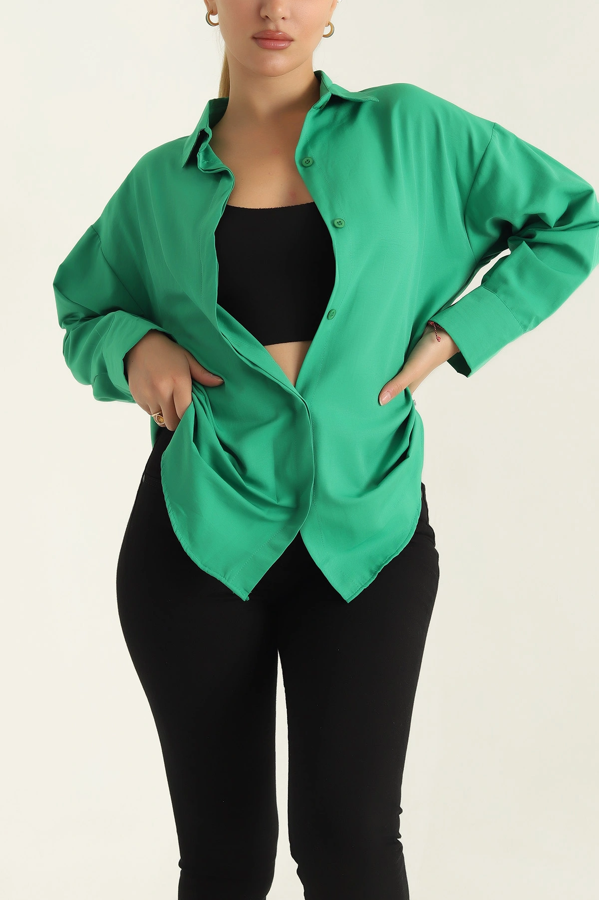 Yeşil Poplin Kumaş Gizli Pat Kadın Gömlek 304519