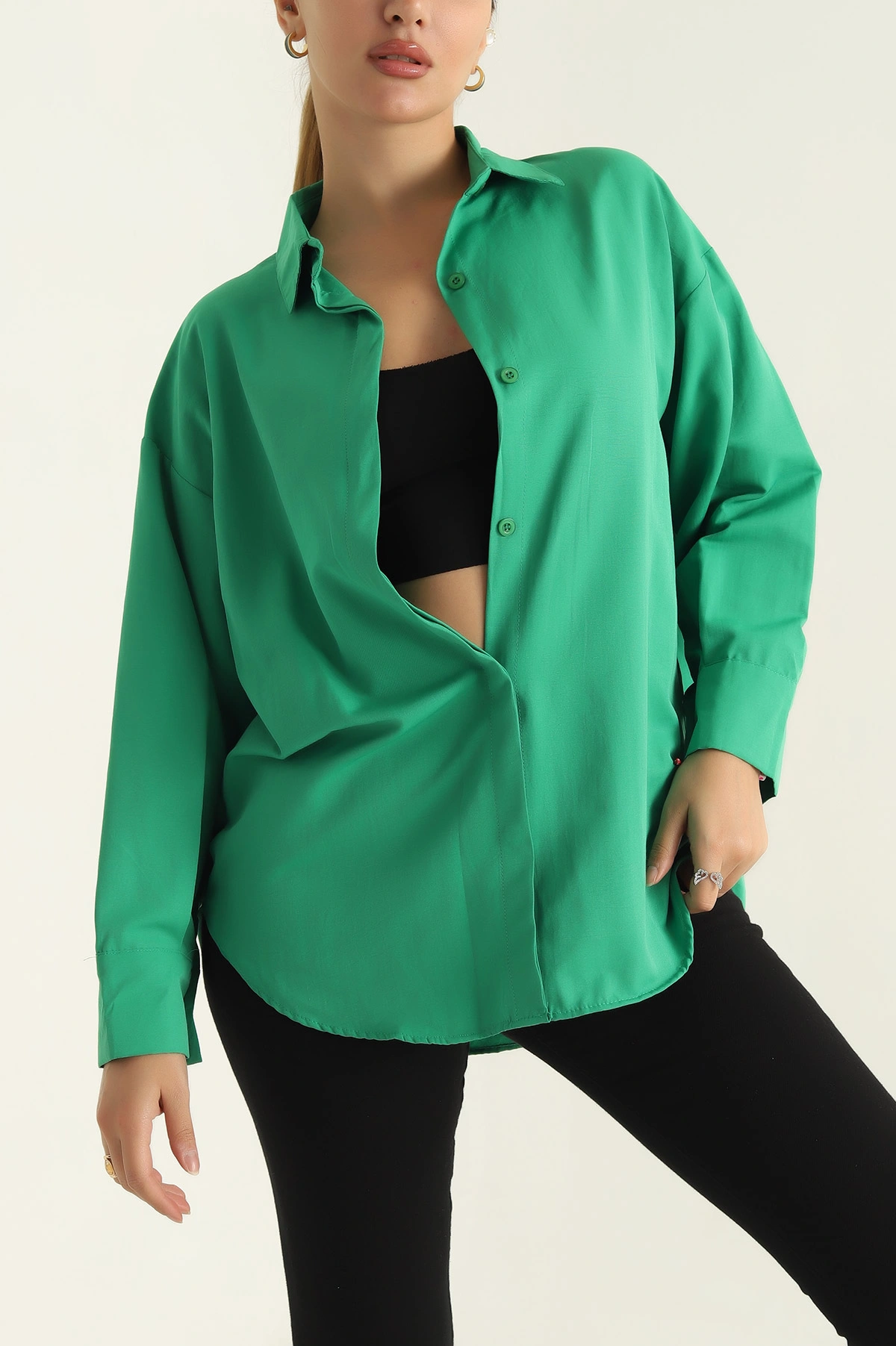 Yeşil Poplin Kumaş Gizli Pat Kadın Gömlek 304519