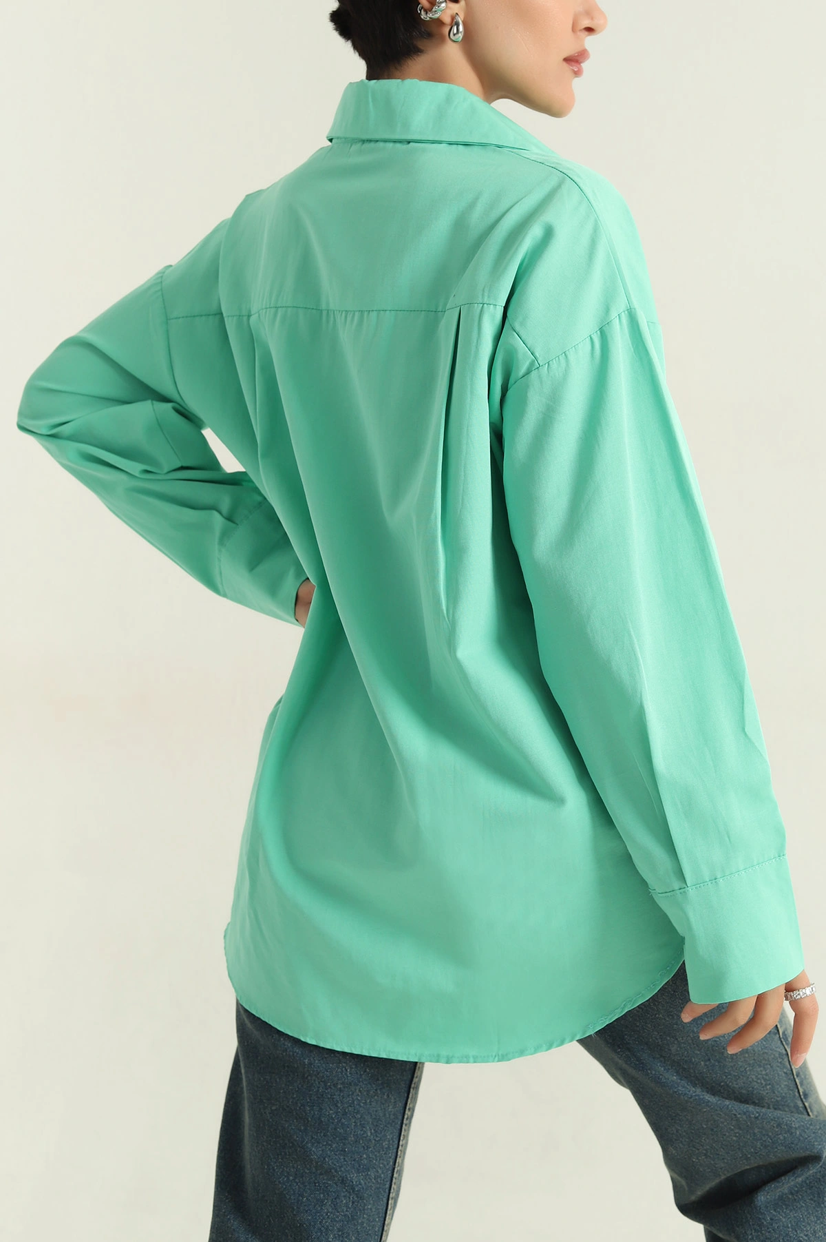 Yeşil Poplin Kumaş Gizli Pat Kadın Gömlek 360962