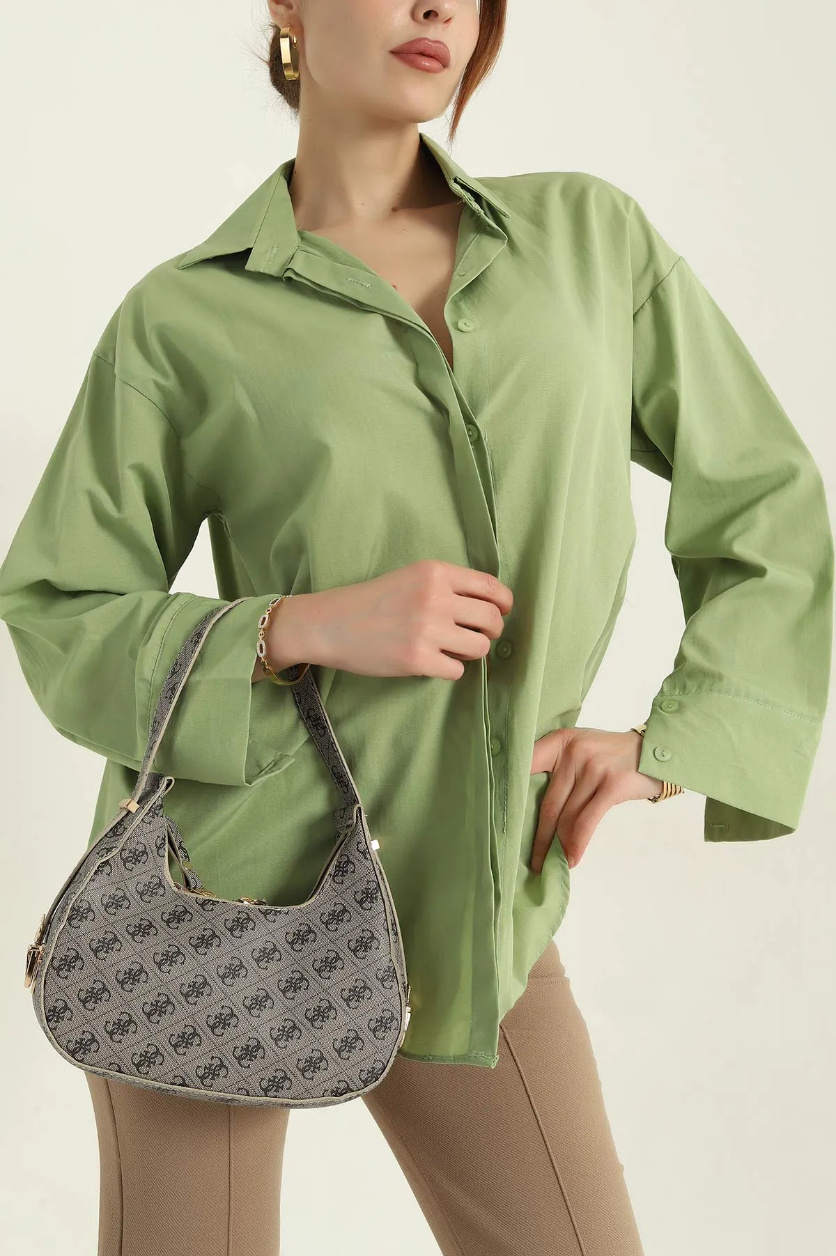 Yeşil Poplin Kumaş Gizli Pat Kadın Gömlek 367248