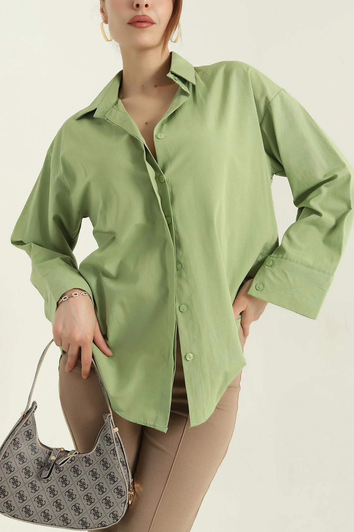 Yeşil Poplin Kumaş Gizli Pat Kadın Gömlek 367248